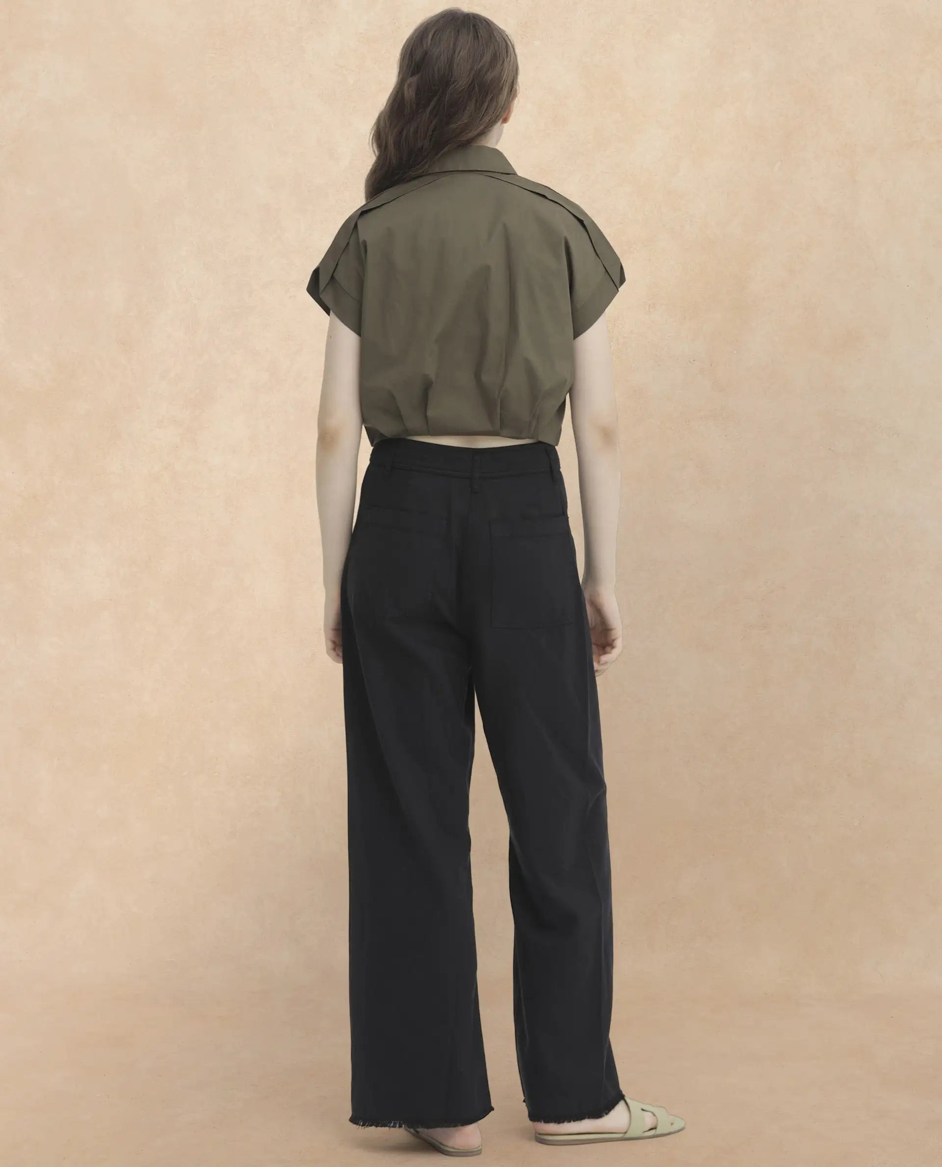 Rareism Women Zuckery Olive Cotton Polyester Fabric Short Sleeves Zip Closure Collared Neck Extended Sleeve Regular Fit Plain Cropped Top