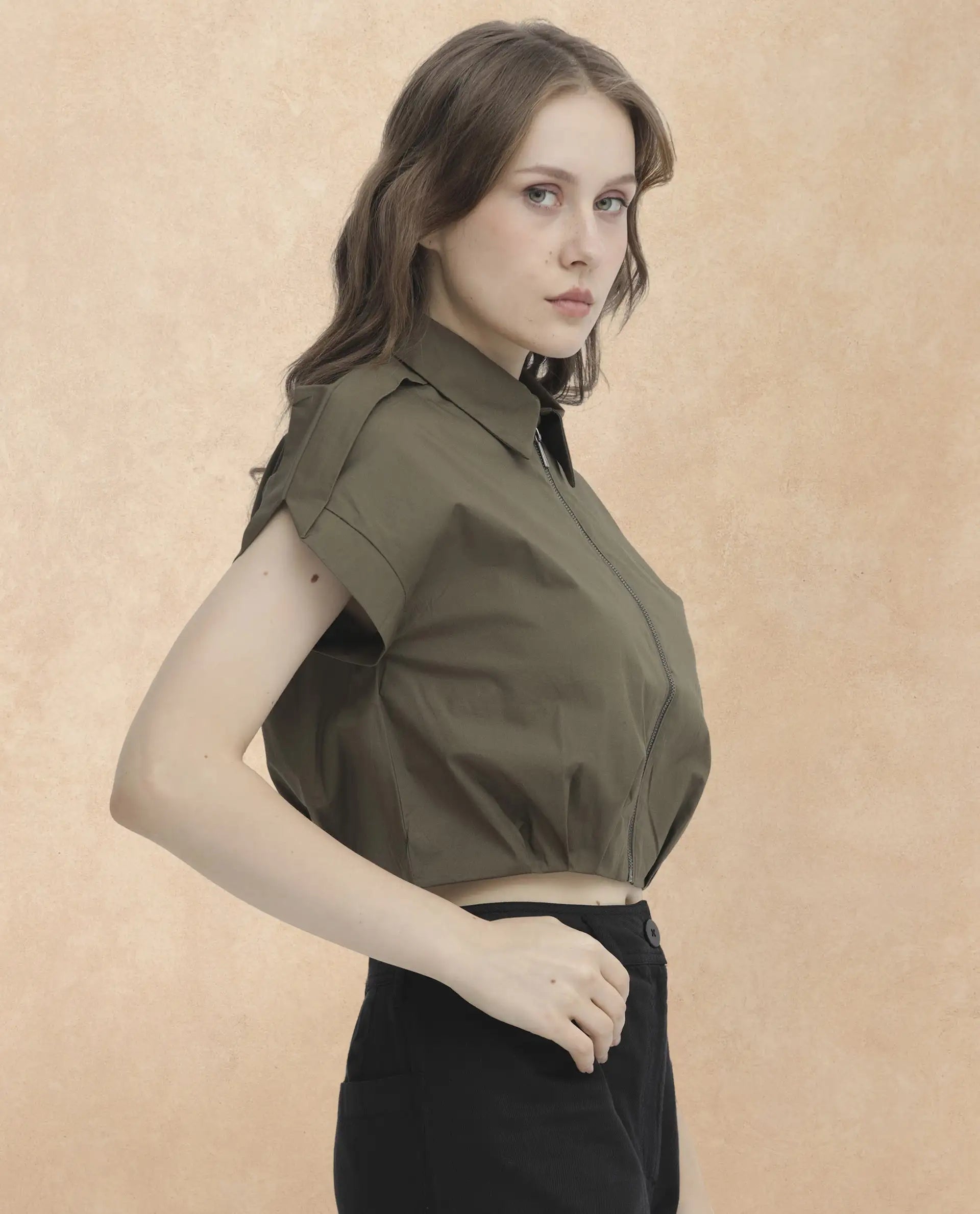 Rareism Women Zuckery Olive Cotton Polyester Fabric Short Sleeves Zip Closure Collared Neck Extended Sleeve Regular Fit Plain Cropped Top