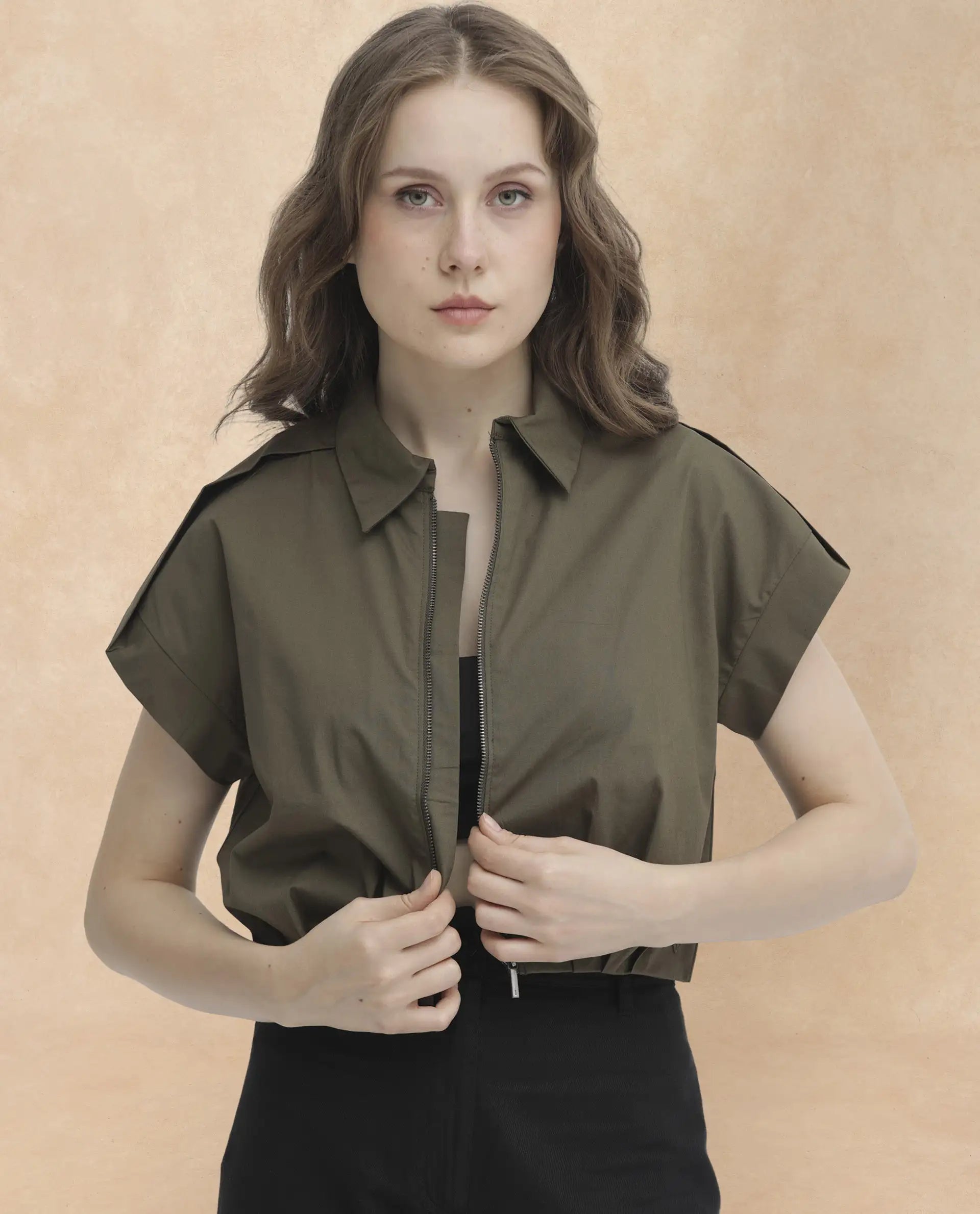 Rareism Women Zuckery Olive Cotton Polyester Fabric Short Sleeves Zip Closure Collared Neck Extended Sleeve Regular Fit Plain Cropped Top