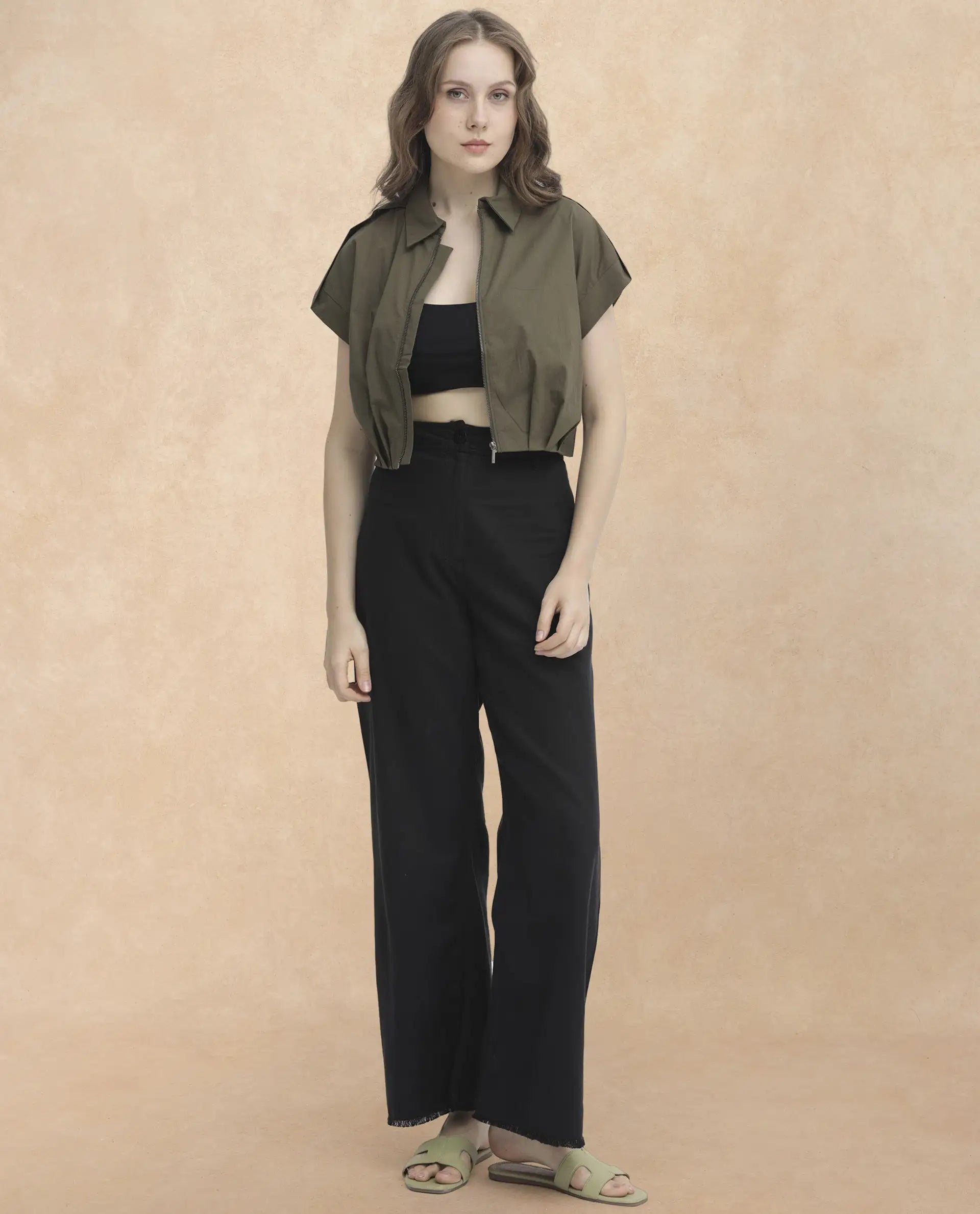 Rareism Women Zuckery Olive Cotton Polyester Fabric Short Sleeves Zip Closure Collared Neck Extended Sleeve Regular Fit Plain Cropped Top