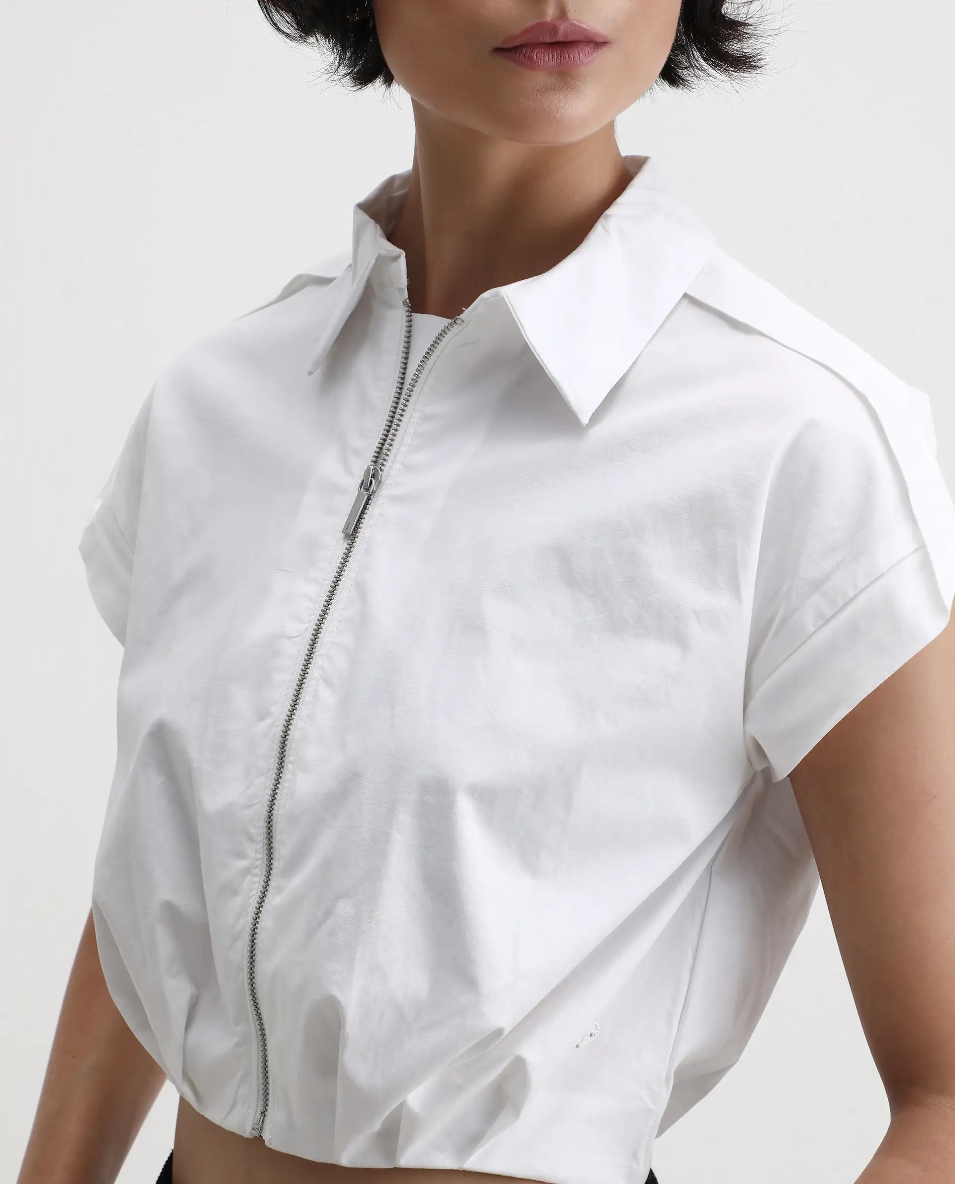 Rareism Women's Zuckery White Cotton Blend Drop Collar Plain Extended Sleeves Crop Regular Fit Top