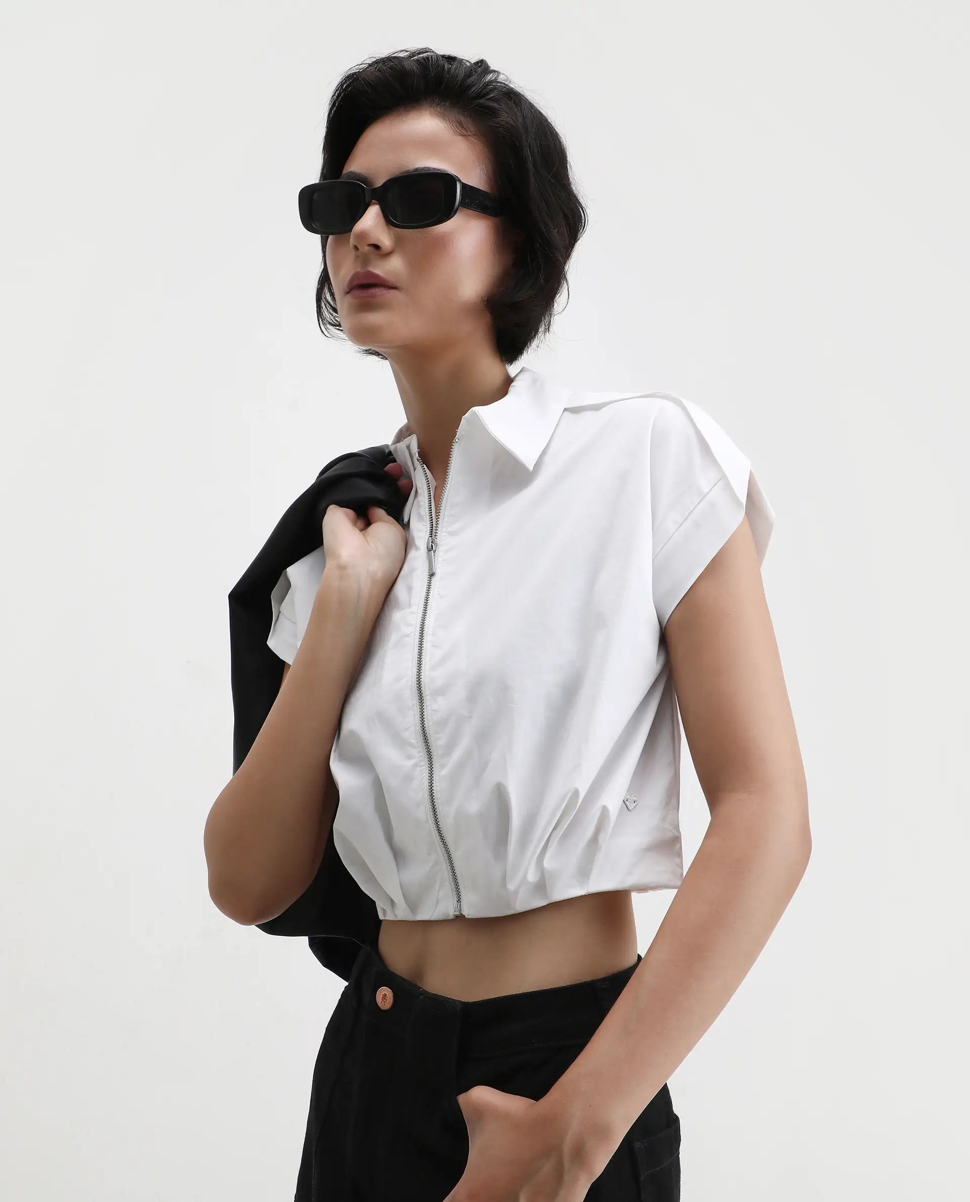 Rareism Women's Zuckery White Cotton Blend Drop Collar Plain Extended Sleeves Crop Regular Fit Top