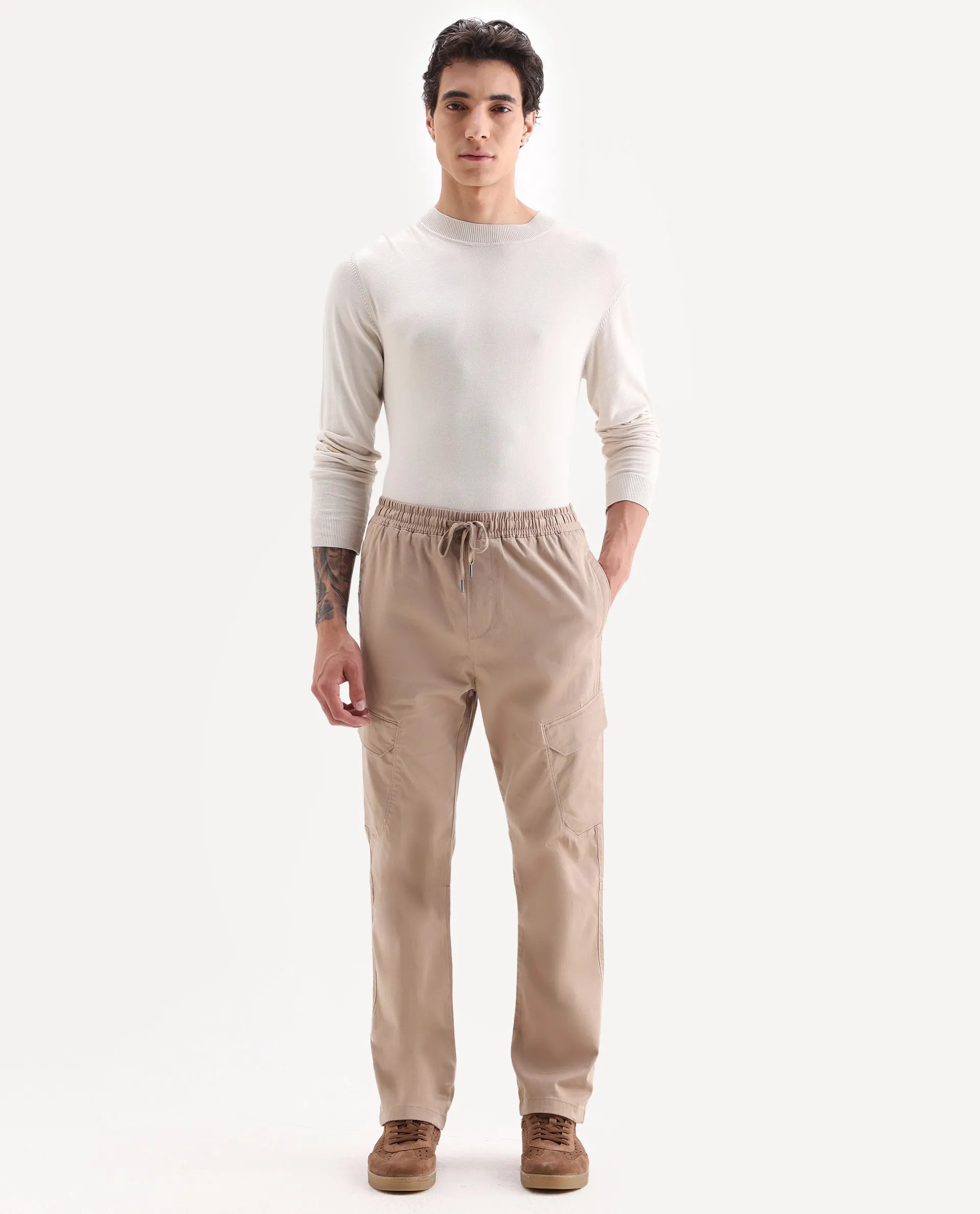 Rare Rabbit Men's Zudi Light Brown Cotton Plain Regular Fit Trouser
