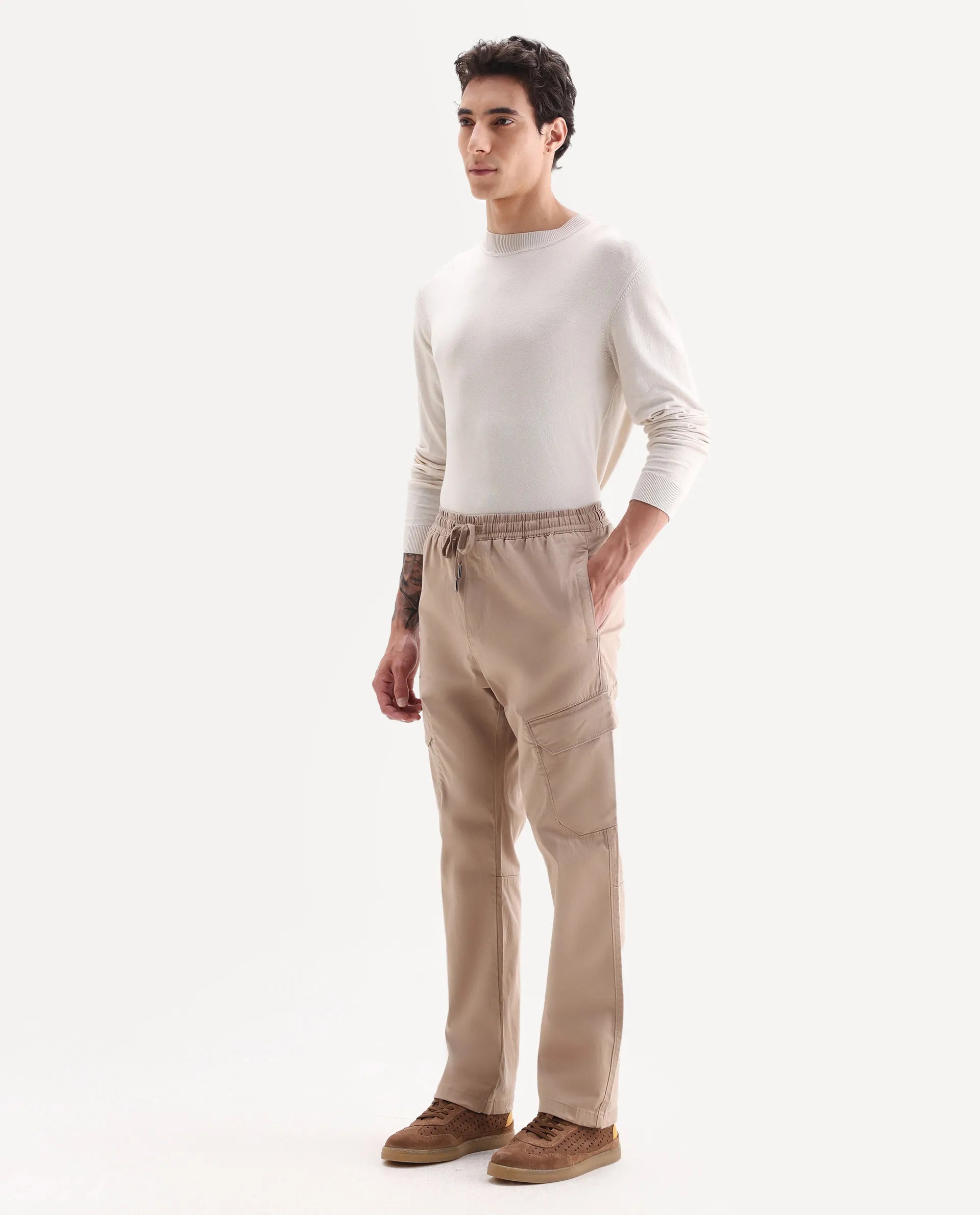 Rare Rabbit Men's Zudi Light Brown Cotton Plain Regular Fit Trouser