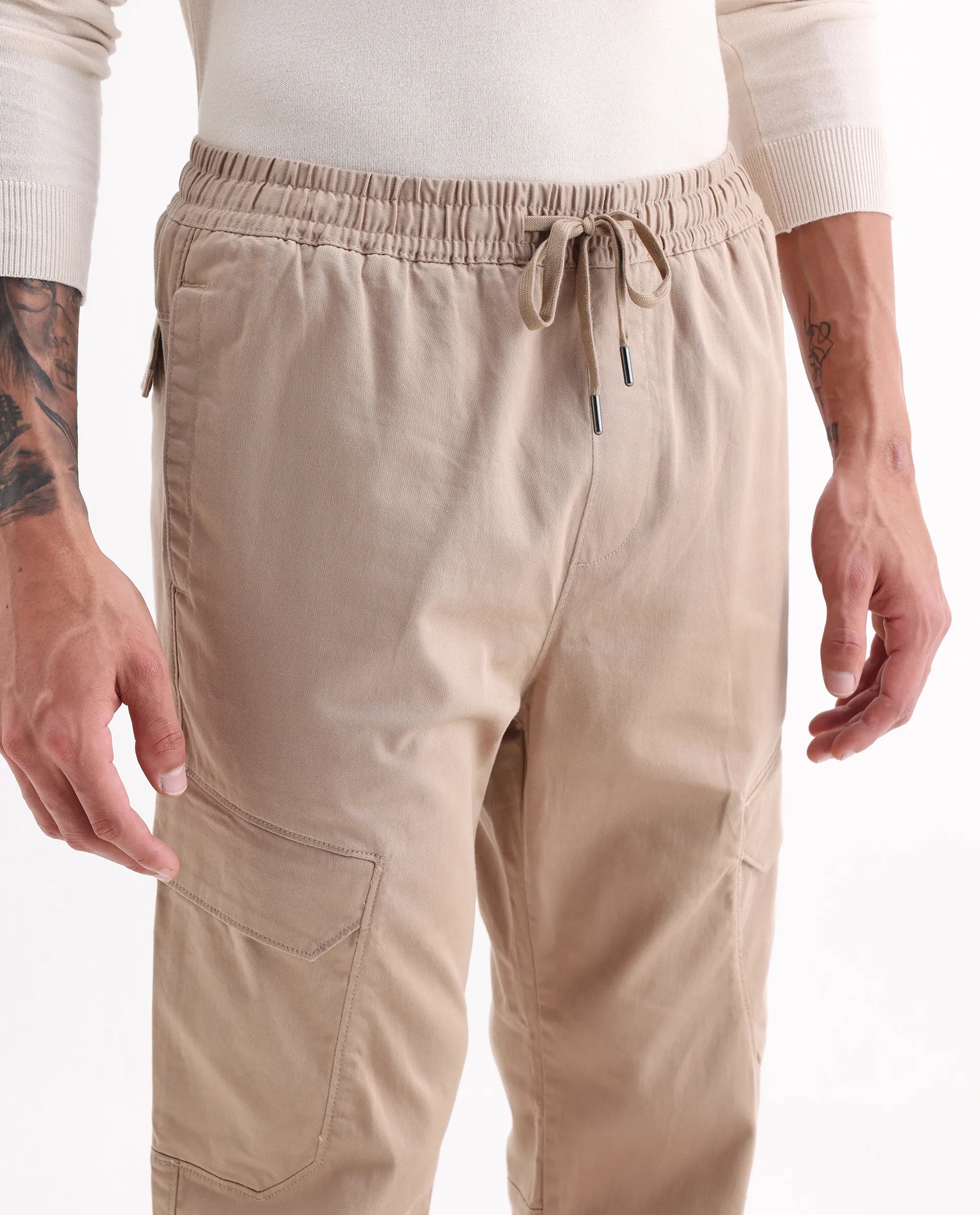 Rare Rabbit Men's Zudi Light Brown Cotton Plain Regular Fit Trouser