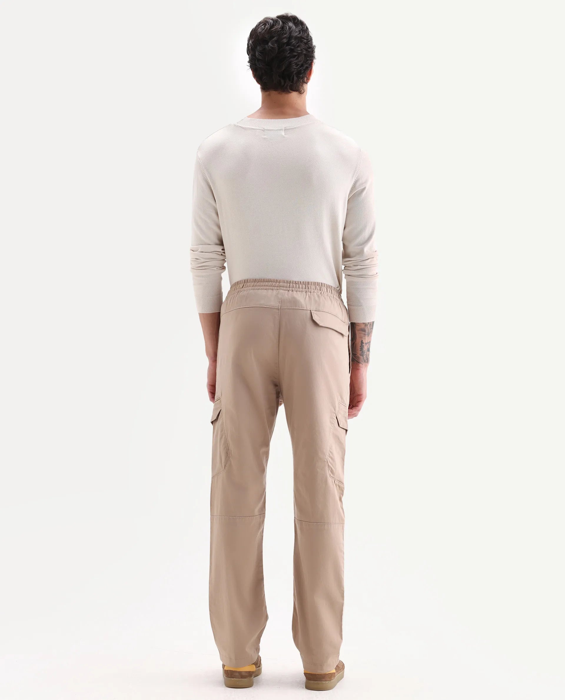 Rare Rabbit Men's Zudi Light Brown Cotton Plain Regular Fit Trouser