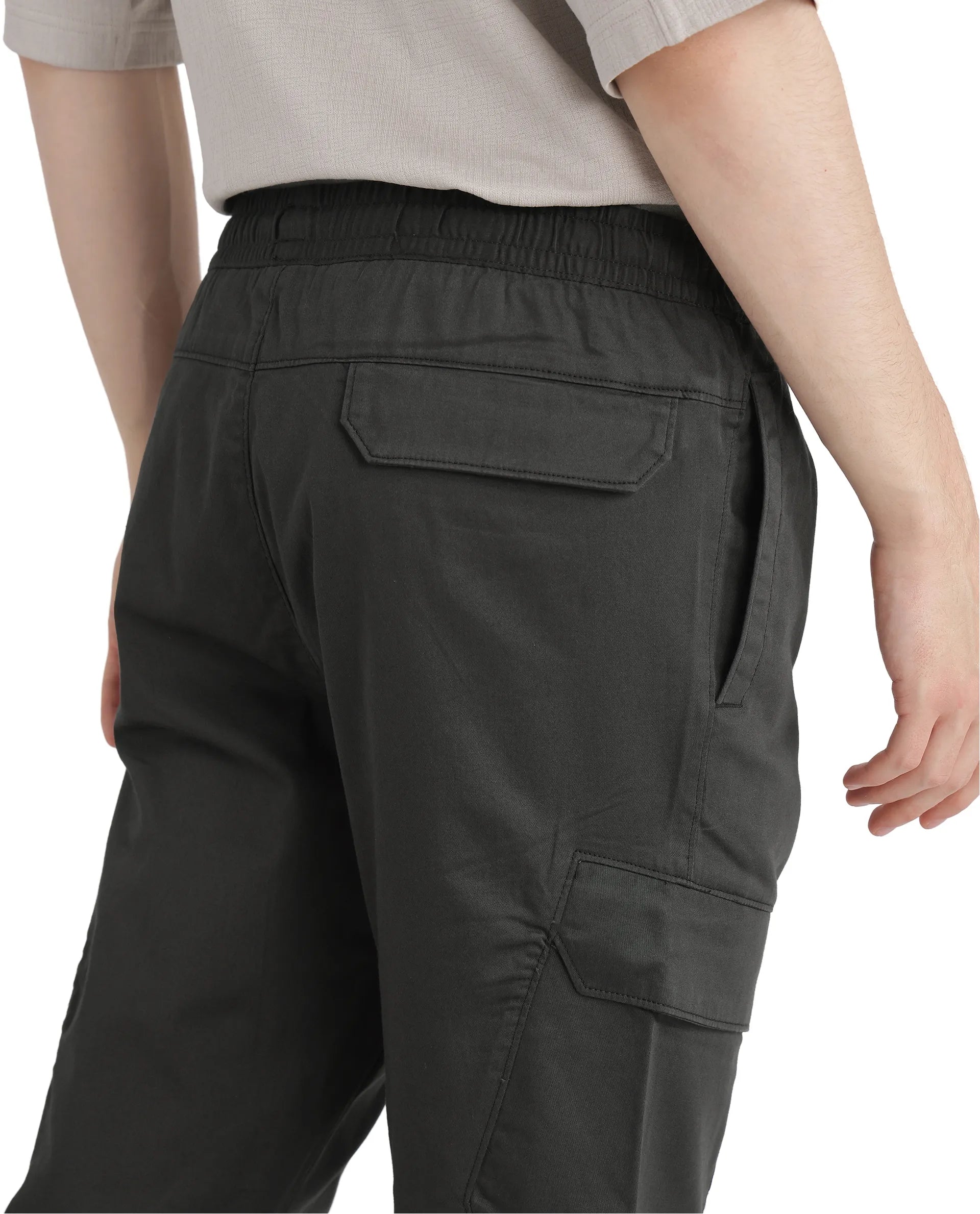 Rare Rabbit Men's Zudi Dark Grey Cotton Fabric Drawstring Closure Regular Fit Cargo Style Trouser