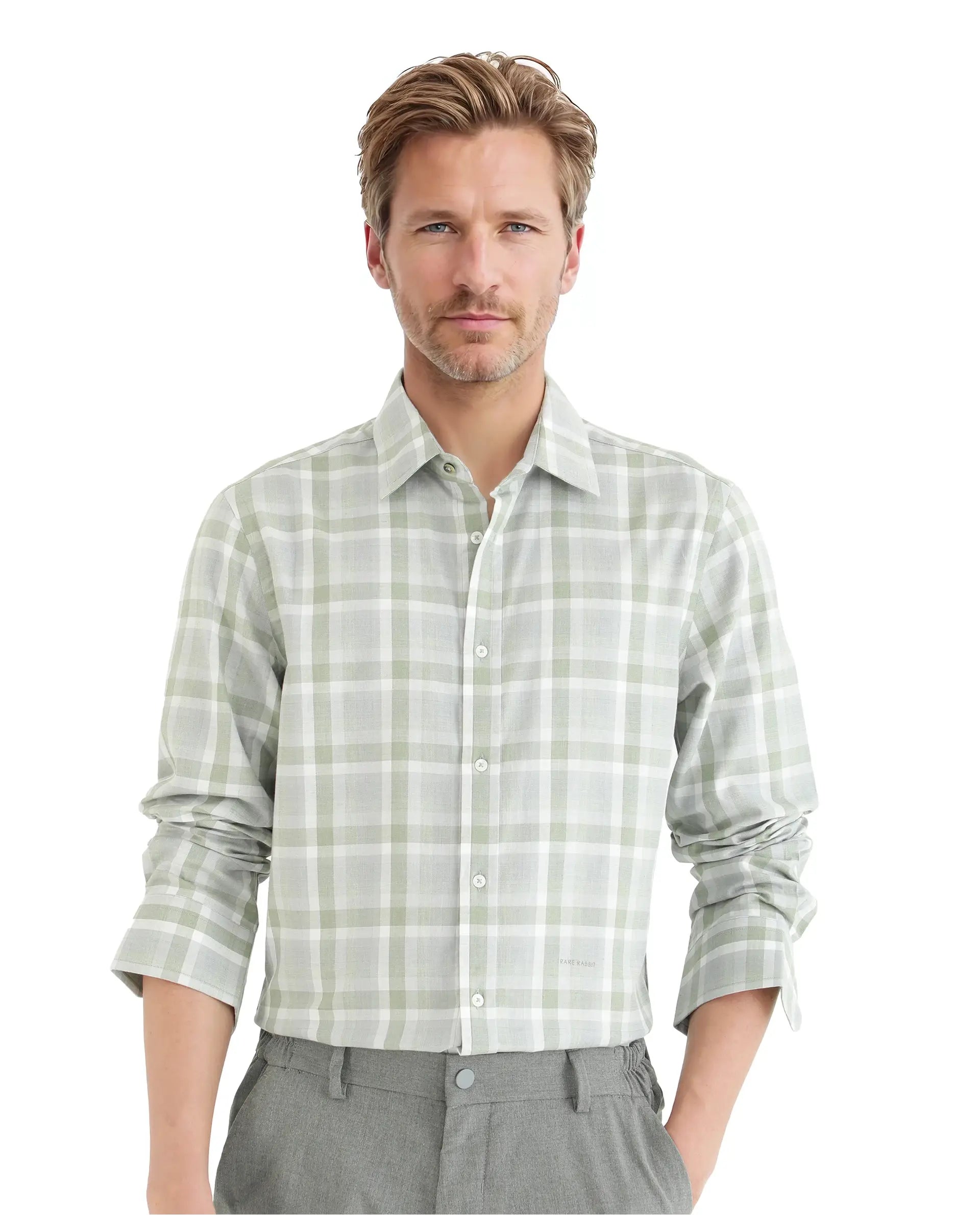 Rare Rabbit Men Zujo Pastel Green Cotton Poly Fabric Full Sleeves Regular Collared Button Closure Check Shirt