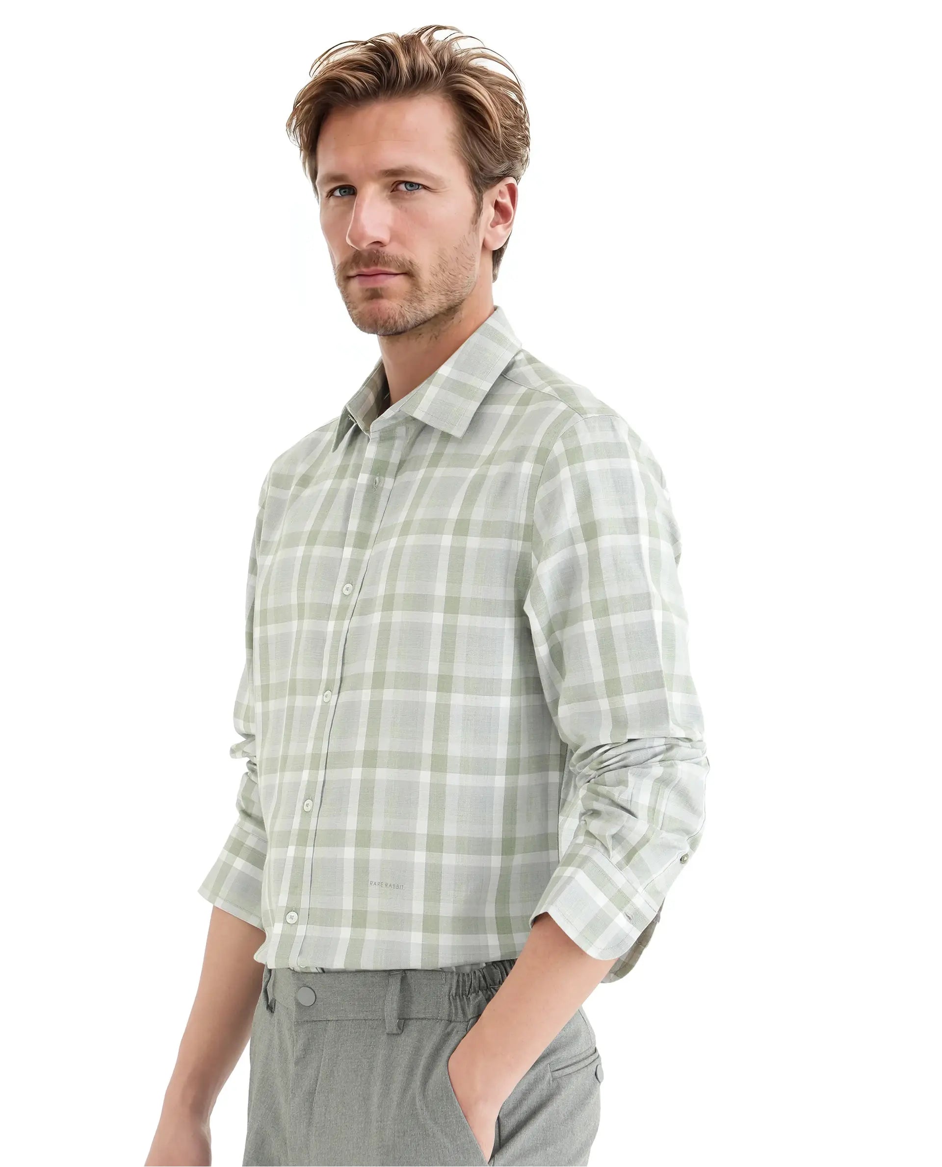 Rare Rabbit Men Zujo Pastel Green Cotton Poly Fabric Full Sleeves Regular Collared Button Closure Check Shirt