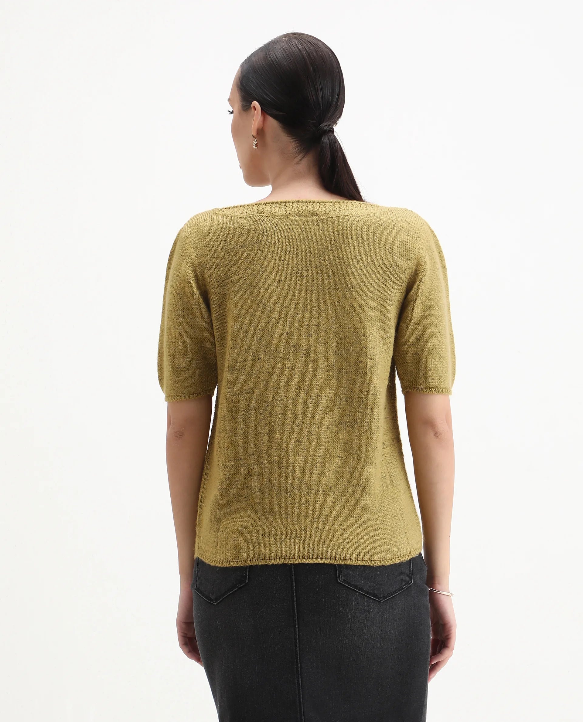 Rareism Women's Zulaii Light Green Acrylic Blend Boat Neck Relaxed Fit Plain Sweater