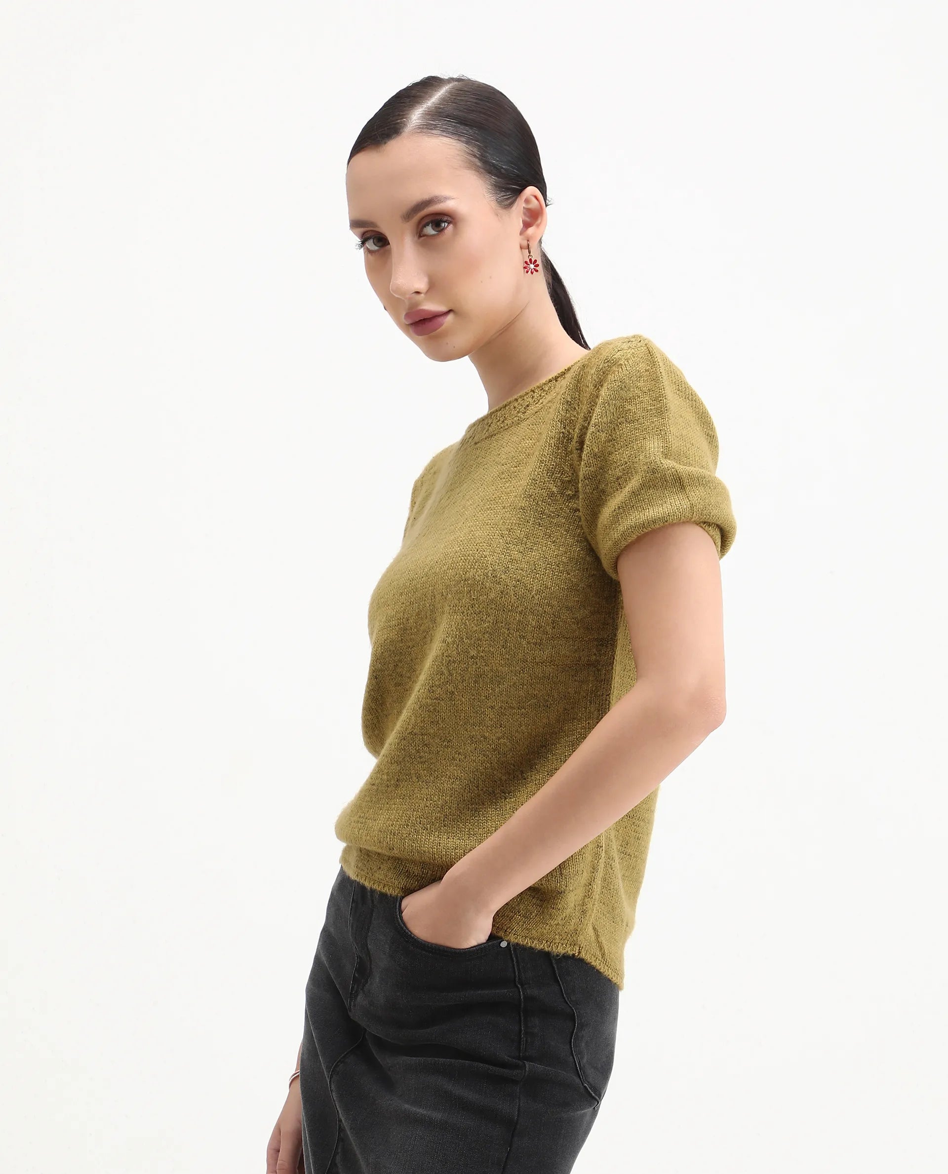 Rareism Women's Zulaii Light Green Acrylic Blend Boat Neck Relaxed Fit Plain Sweater