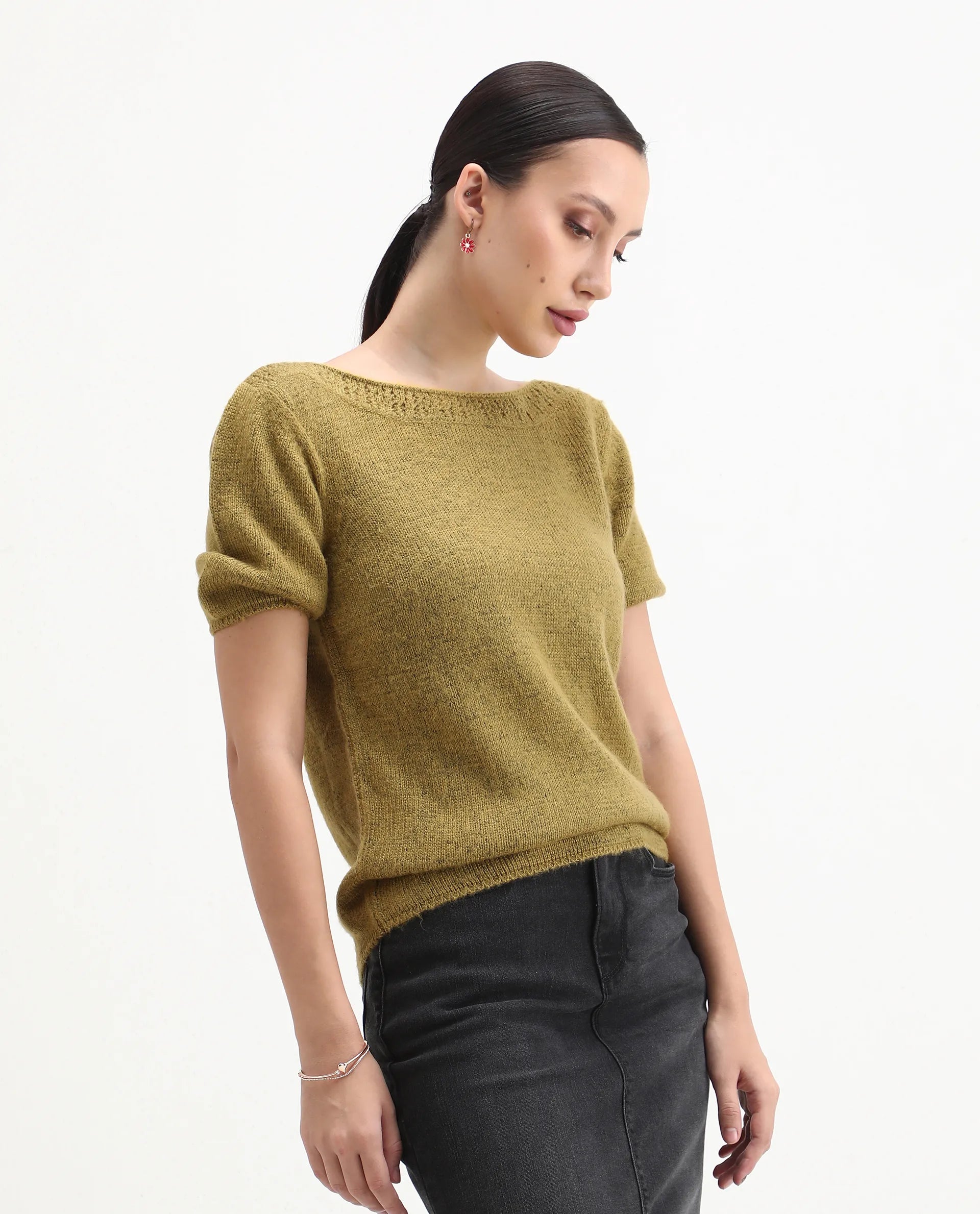 Rareism Women's Zulaii Light Green Acrylic Blend Boat Neck Relaxed Fit Plain Sweater