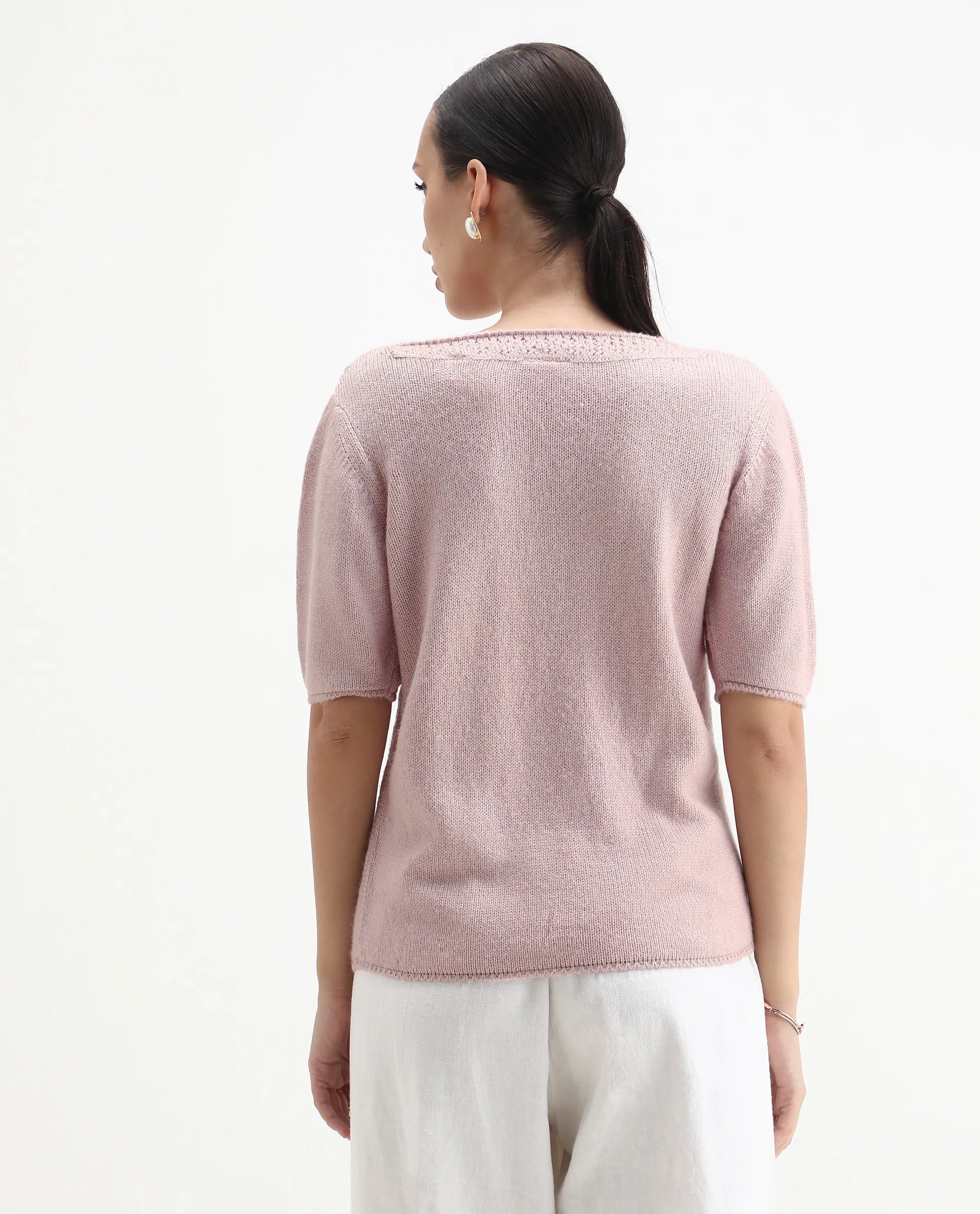Rareism Women's Zulaii Light Pink Acrylic Blend Boat Neck Relaxed Fit Plain Sweater