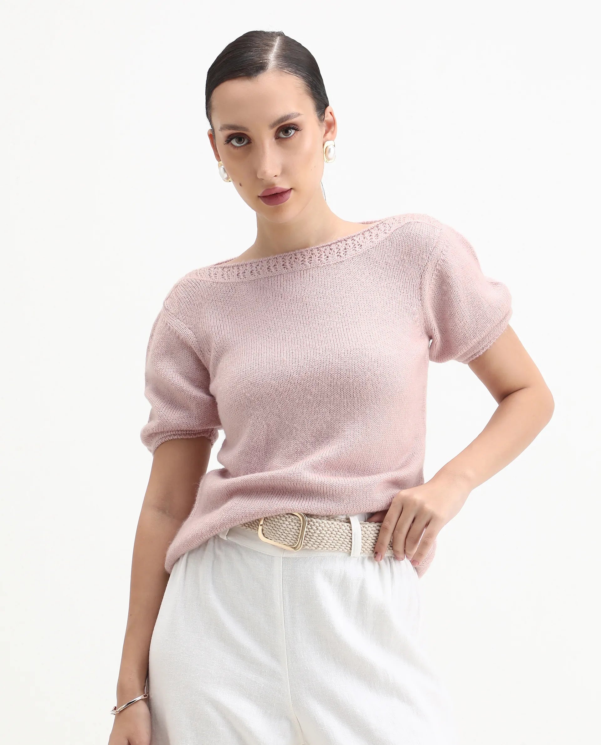 Rareism Women's Zulaii Light Pink Acrylic Blend Boat Neck Relaxed Fit Plain Sweater