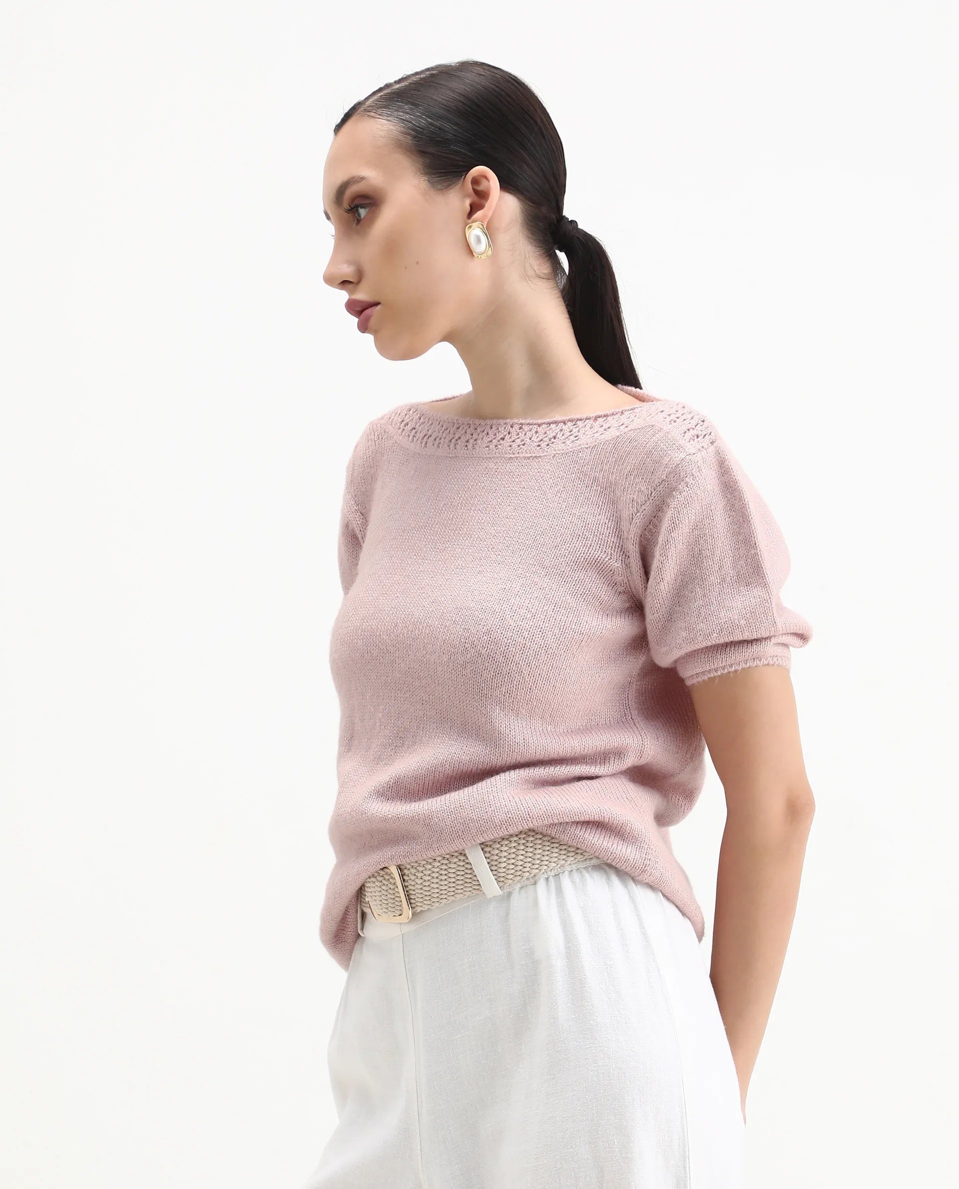 Rareism Women's Zulaii Light Pink Acrylic Blend Boat Neck Relaxed Fit Plain Sweater