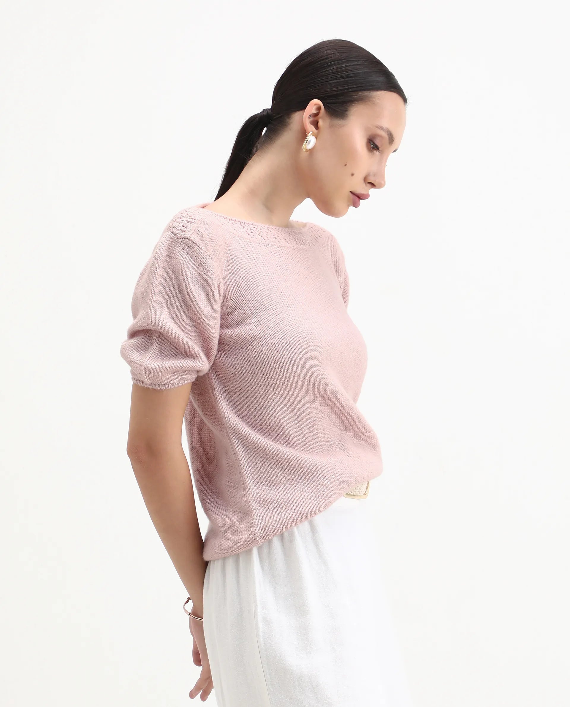 Rareism Women's Zulaii Light Pink Acrylic Blend Boat Neck Relaxed Fit Plain Sweater