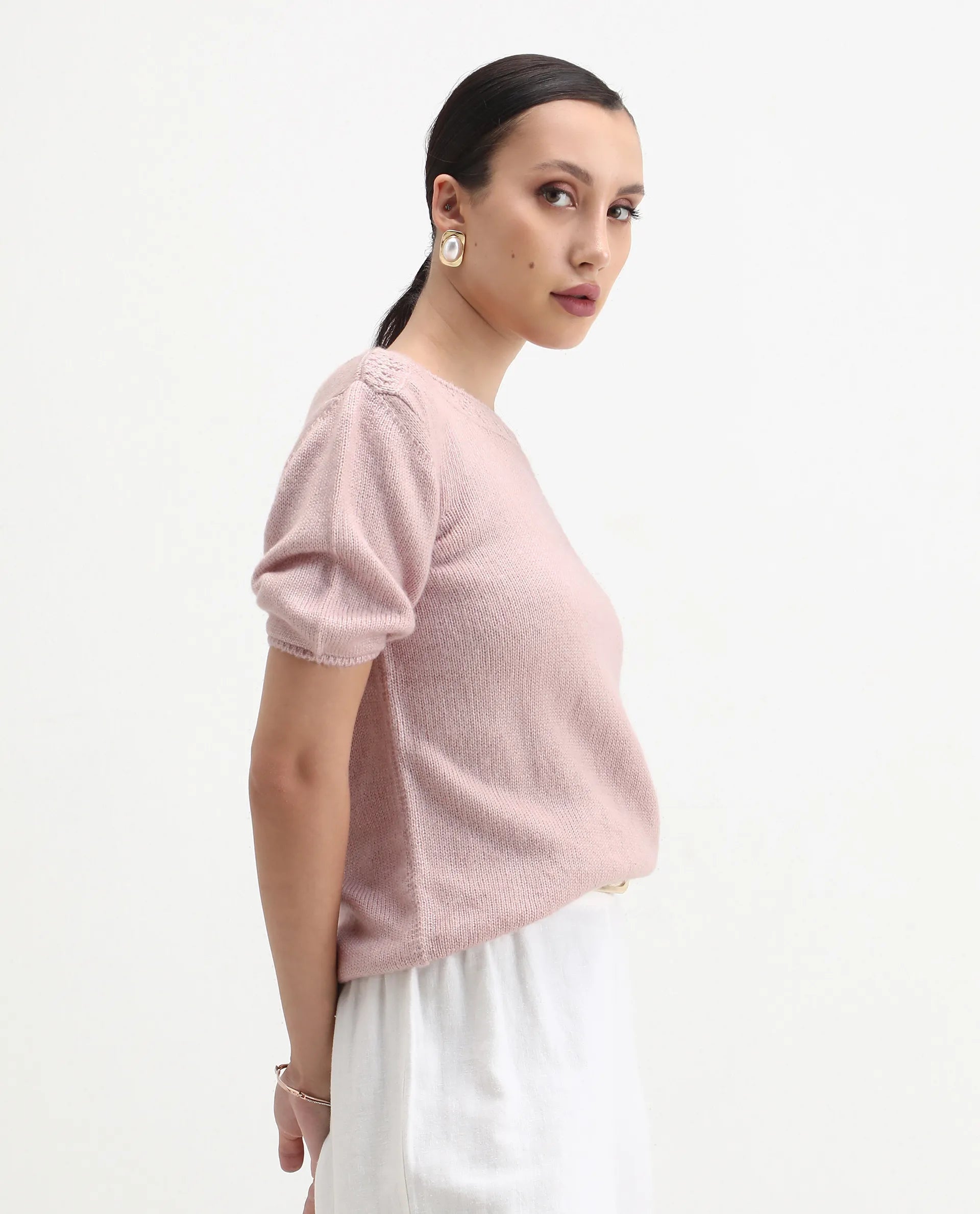 Rareism Women's Zulaii Light Pink Acrylic Blend Boat Neck Relaxed Fit Plain Sweater