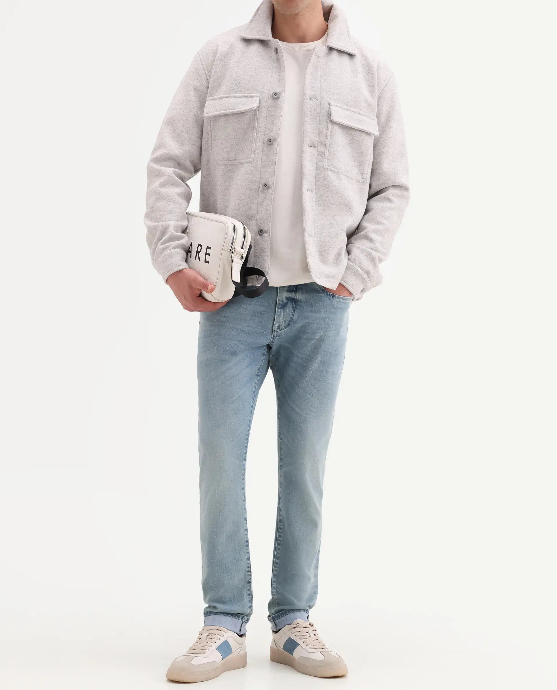 Rare Rabbit Men's Zuno L Light Blue Cotton Blend Fabric Shank And Zipper Hawk Slim Plain Jeans