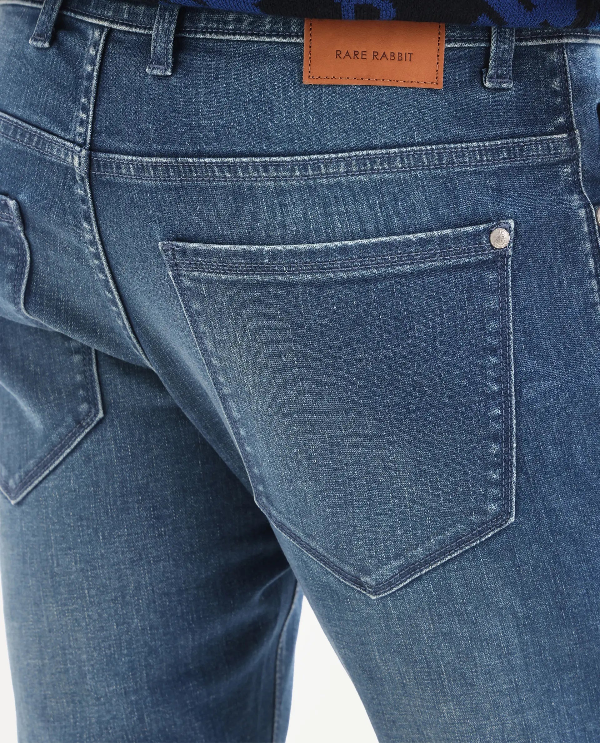 Rare Rabbit Men's Zuno S Blue Cotton Blend Fabric Shank And Zipper Hawk Slim Plain Jeans
