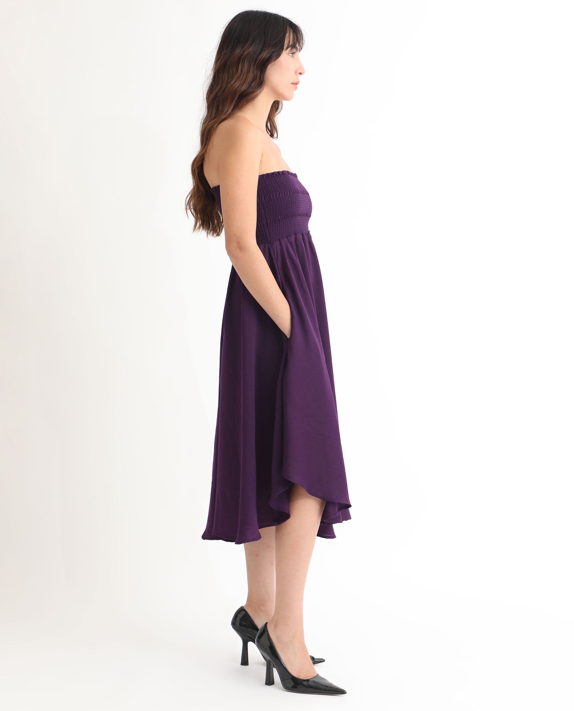 Rareism Women Zuret Dark Purple Off Shoulder With Detachable Straps Smocking Detail At Chest With Pockets Knee Length Dress