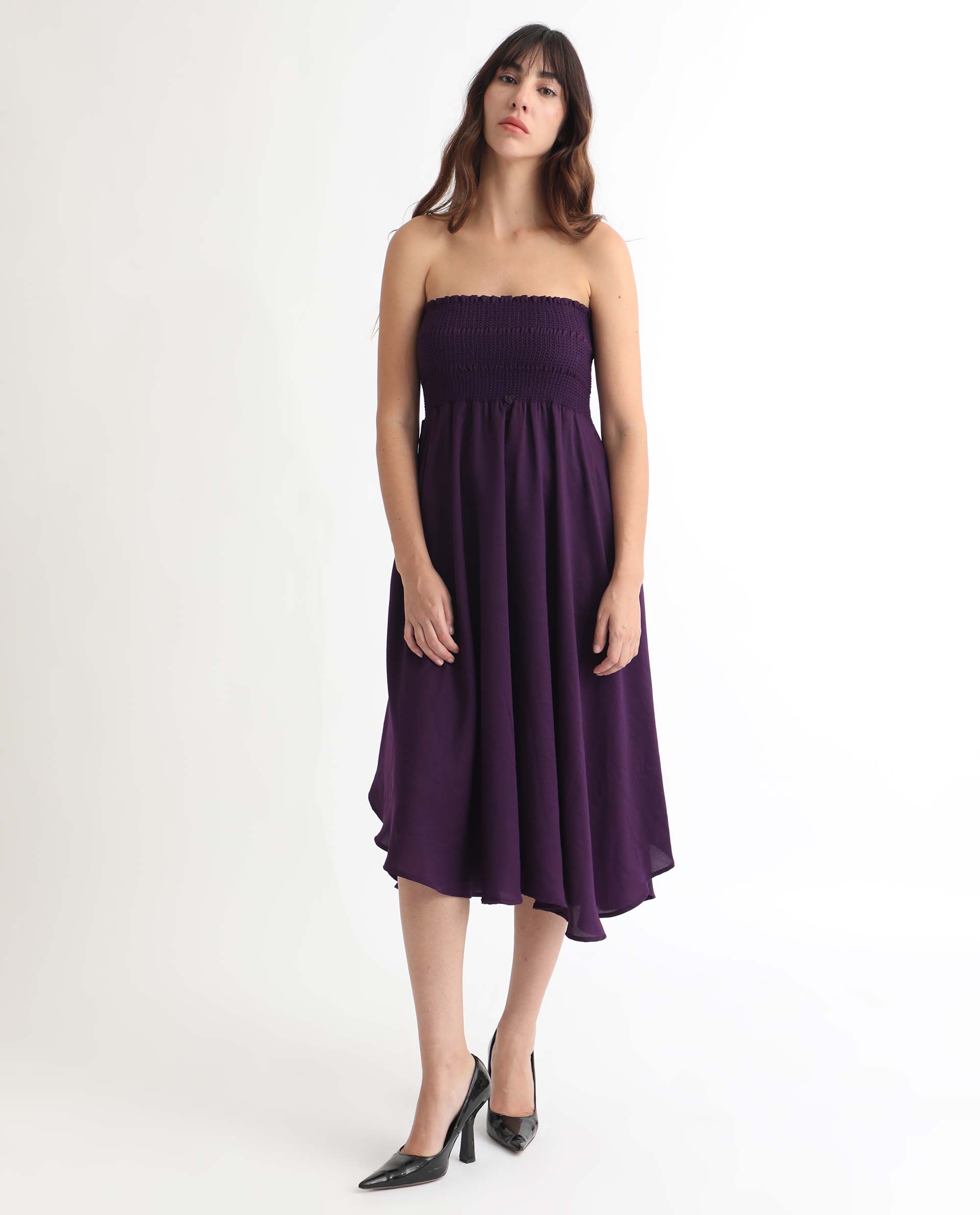 Rareism Women Zuret Dark Purple Off Shoulder With Detachable Straps Smocking Detail At Chest With Pockets Knee Length Dress