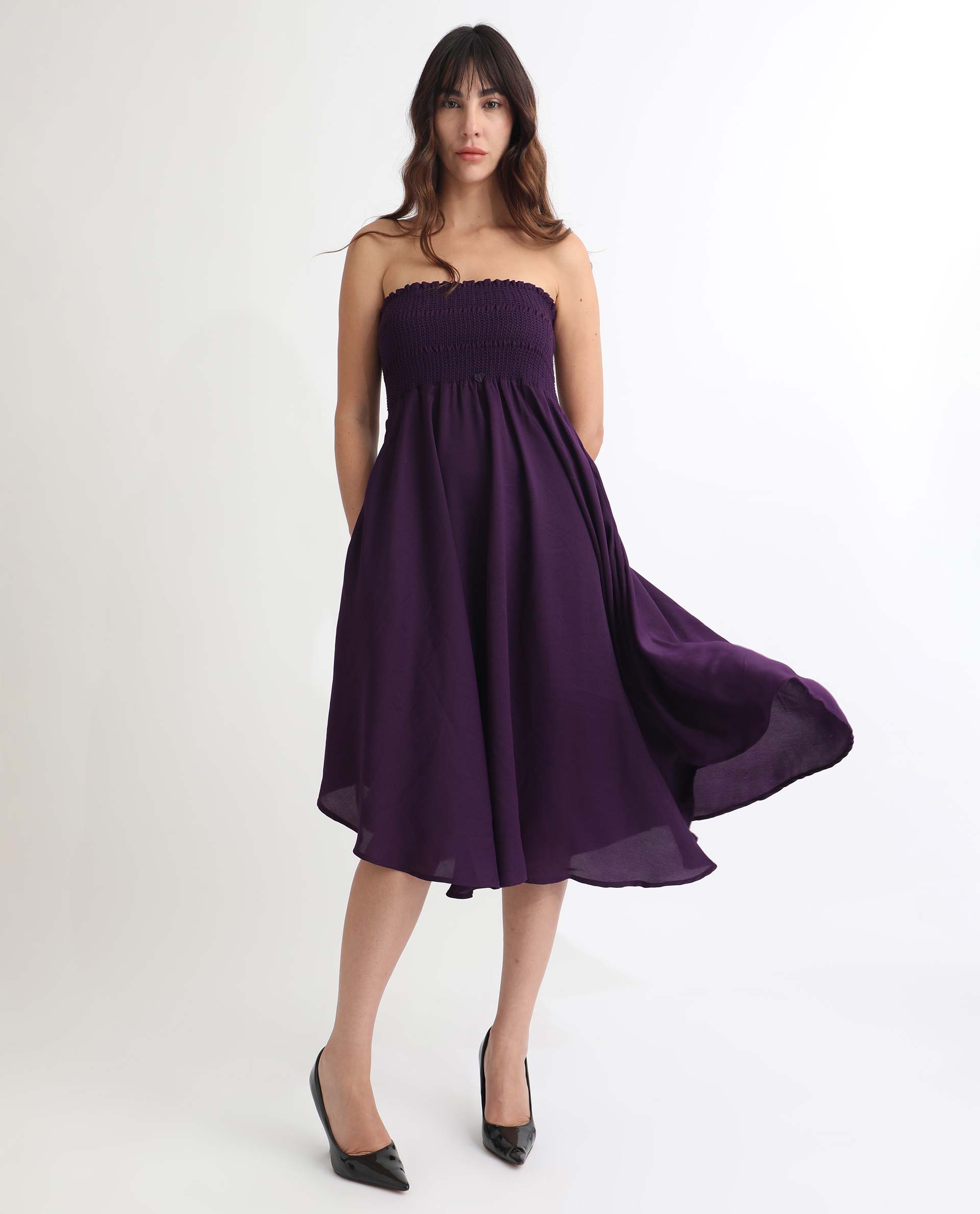 Rareism Women Zuret Dark Purple Off Shoulder With Detachable Straps Smocking Detail At Chest With Pockets Knee Length Dress