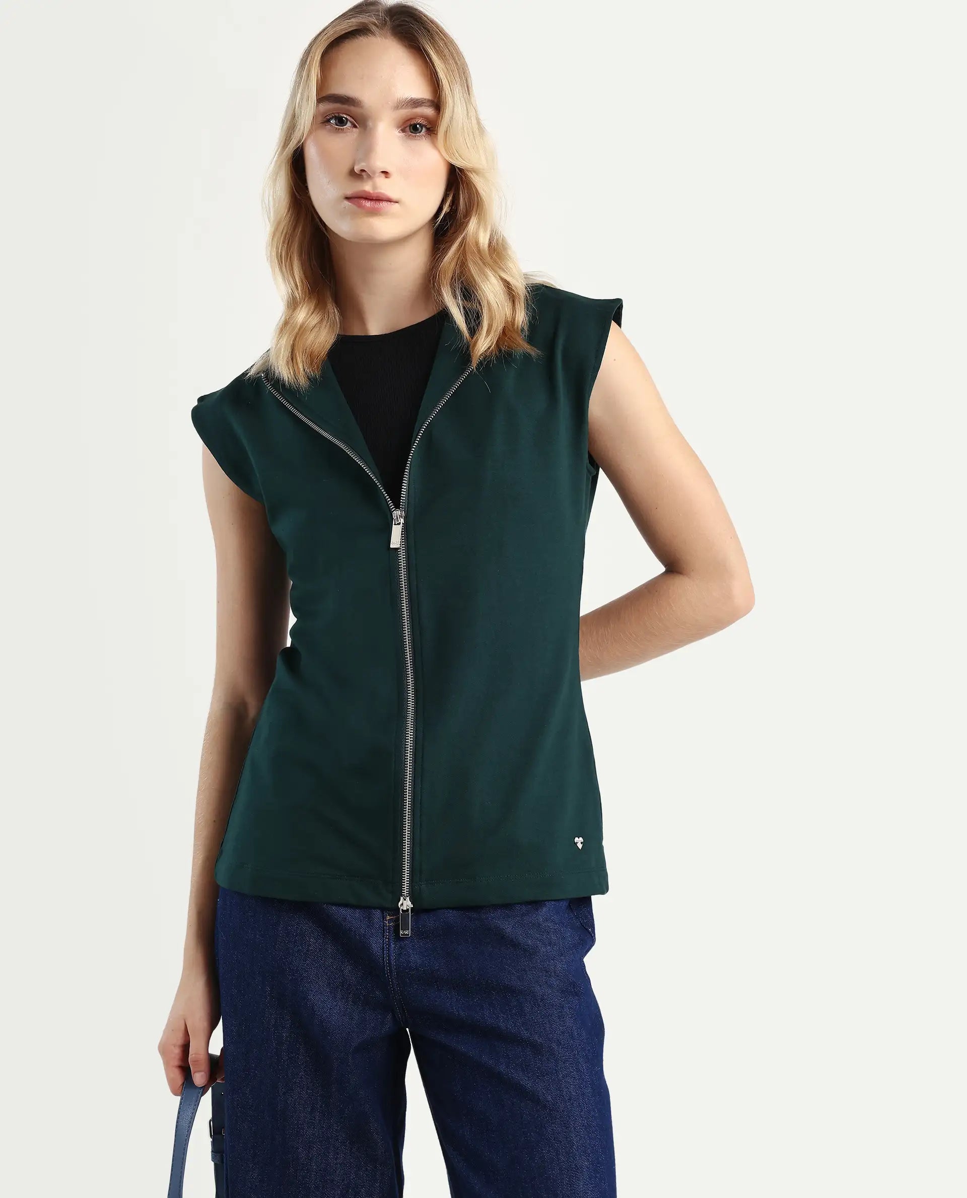 Rareism Women's Zuria Green Cotton Blend High Neck Dyed Extended Sleeves Relaxed Fit Sweatshirt