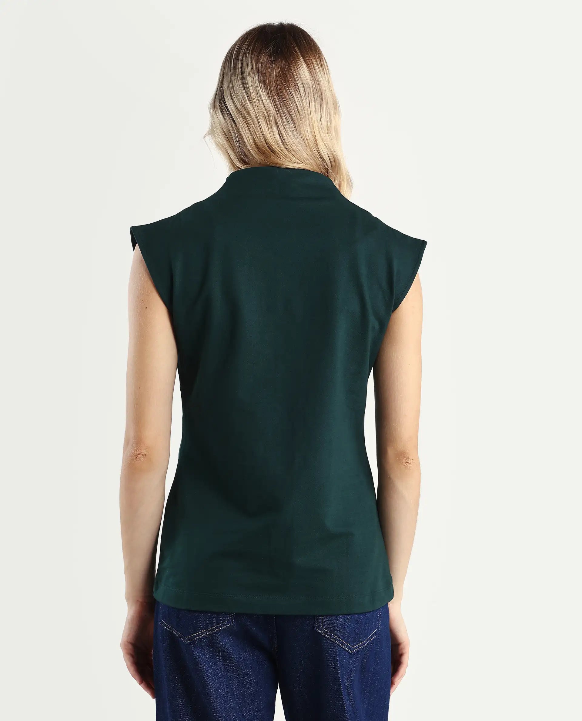 Rareism Women's Zuria Green Cotton Blend High Neck Dyed Extended Sleeves Relaxed Fit Sweatshirt