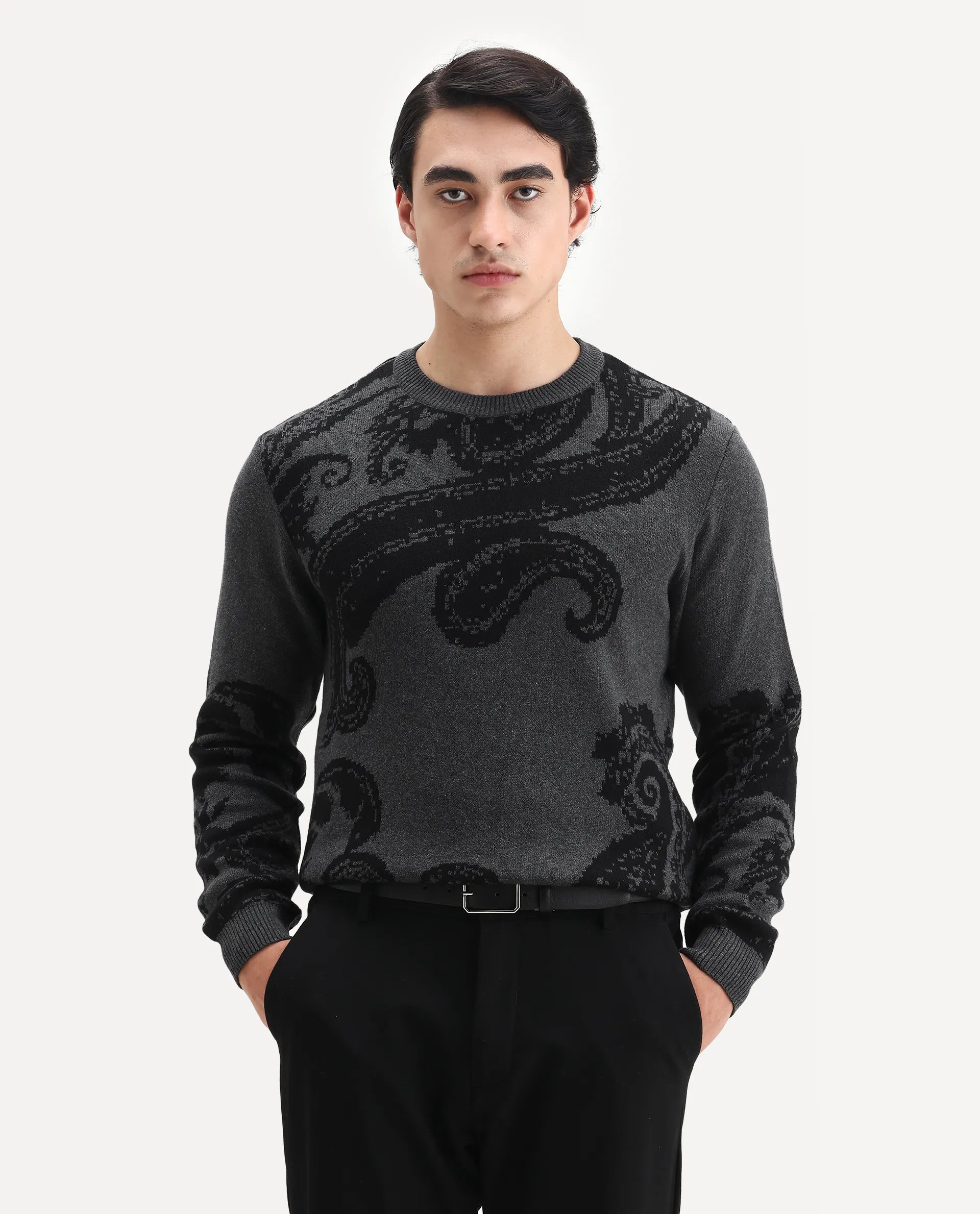 Rare Rabbit Men's Zuri Grey Cotton Jacquard Regular Fit Full Sleeve Crew Neck Sweater