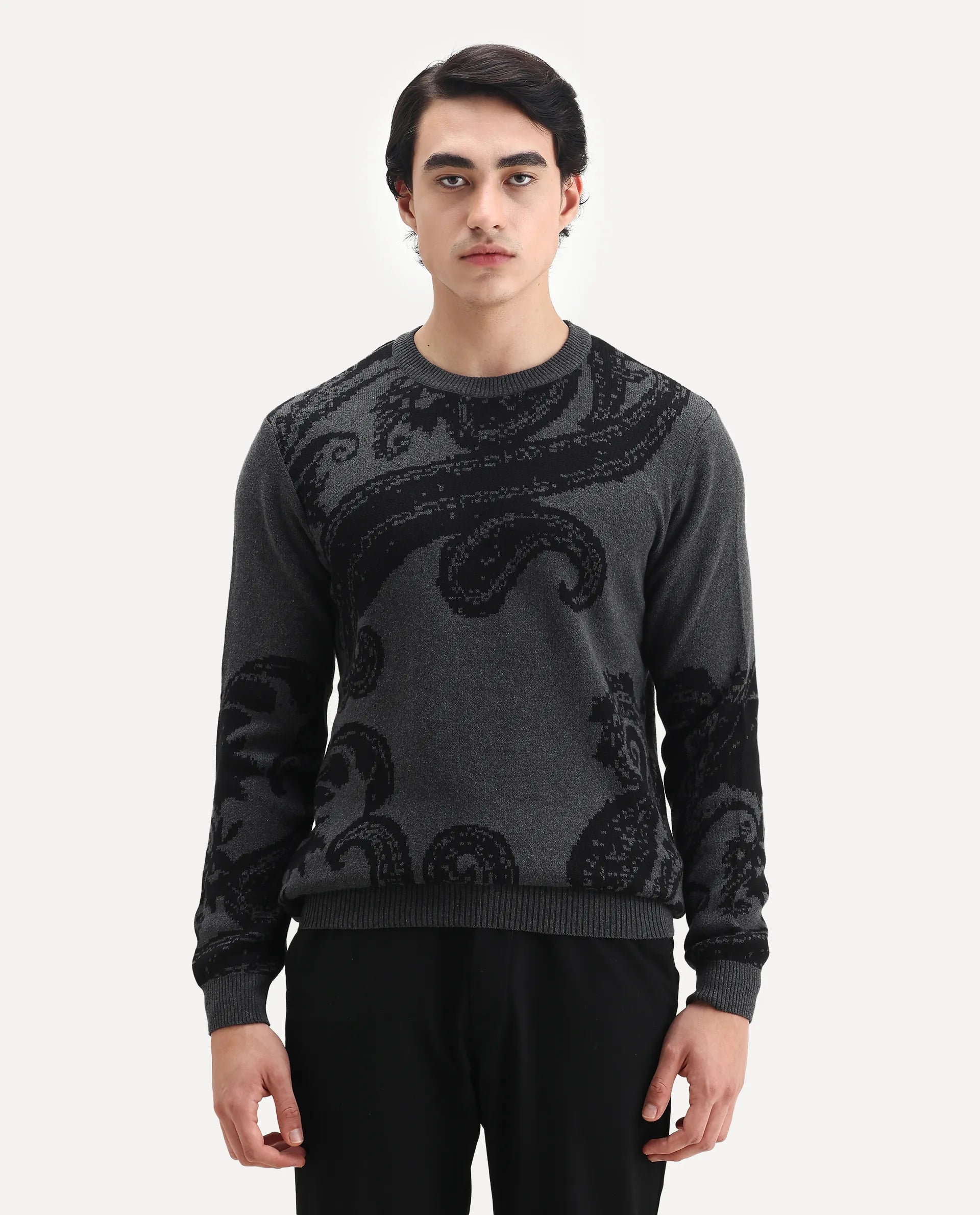 Rare Rabbit Men's Zuri Grey Cotton Jacquard Regular Fit Full Sleeve Crew Neck Sweater