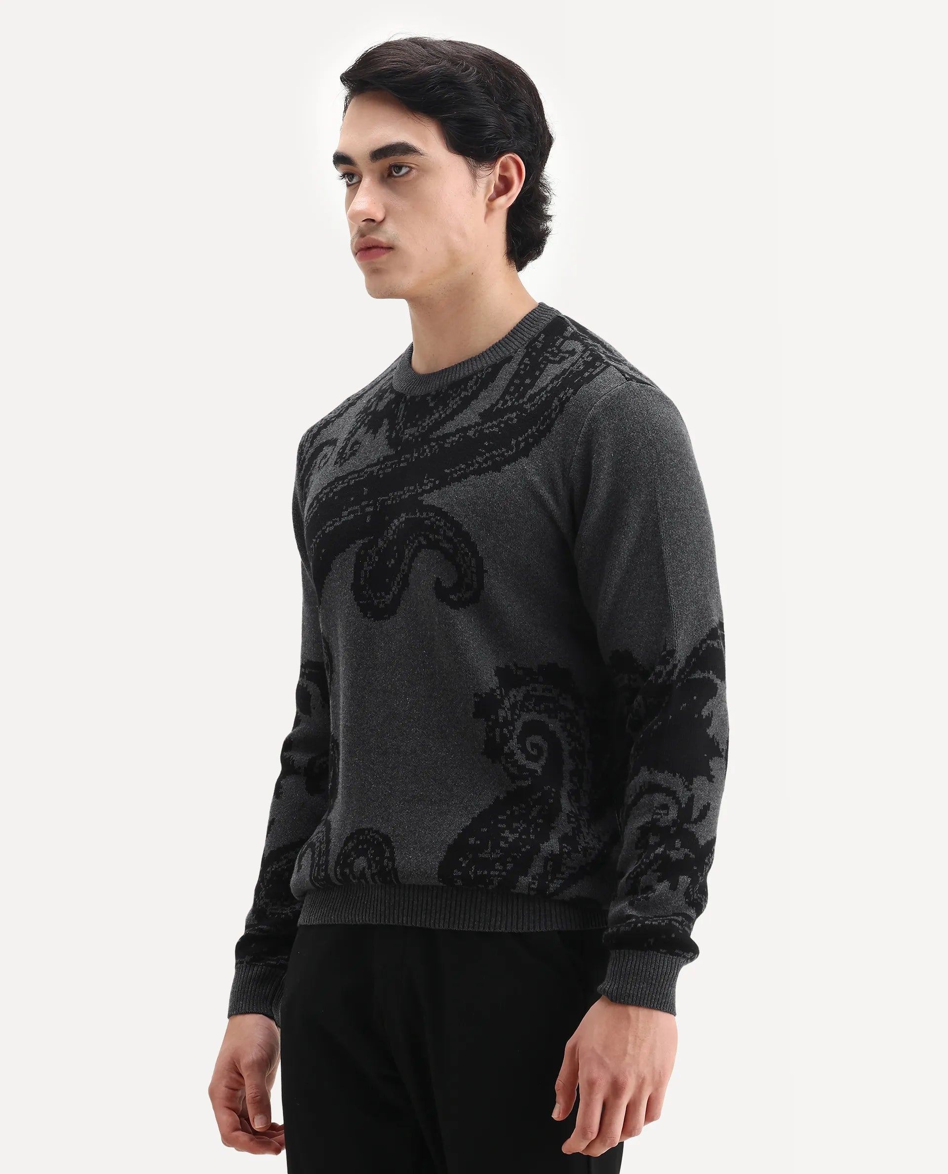 Rare Rabbit Men's Zuri Grey Cotton Jacquard Regular Fit Full Sleeve Crew Neck Sweater
