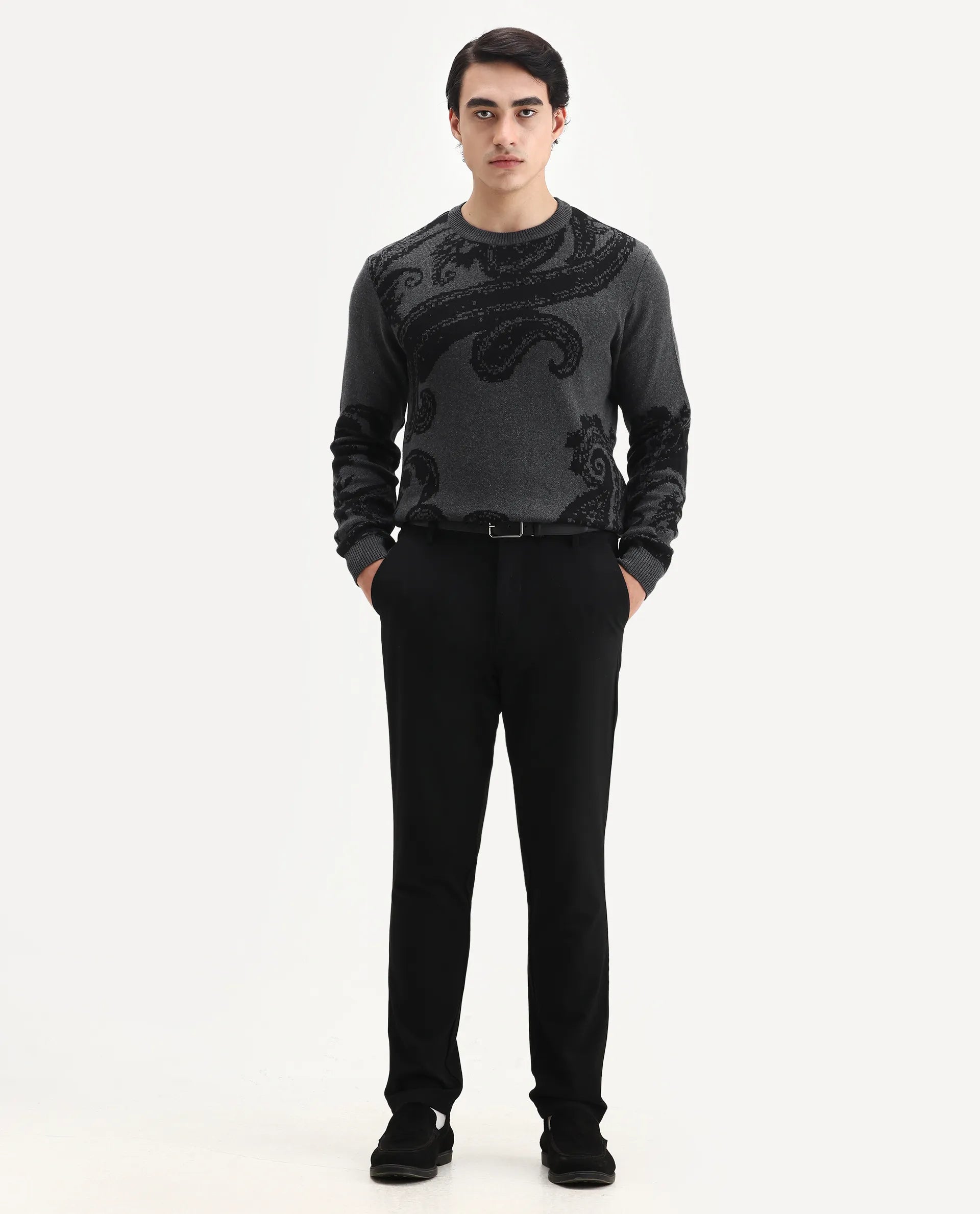 Rare Rabbit Men's Zuri Grey Cotton Jacquard Regular Fit Full Sleeve Crew Neck Sweater