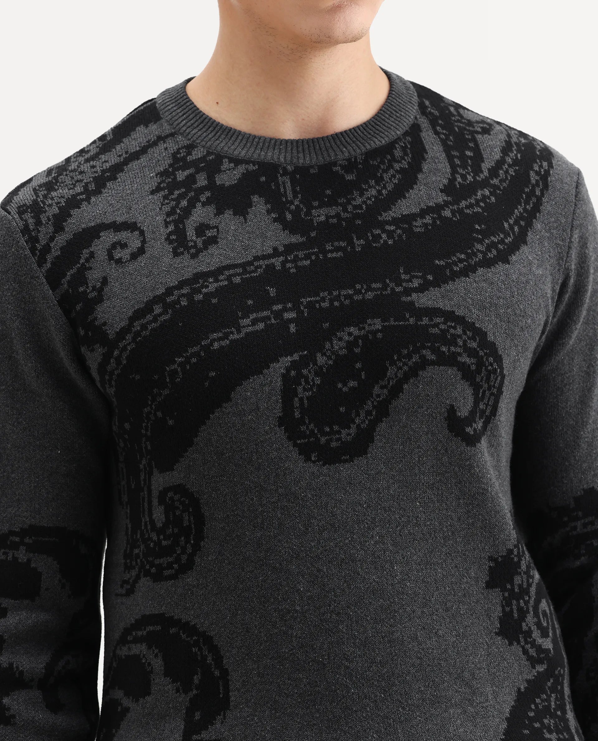 Rare Rabbit Men's Zuri Grey Cotton Jacquard Regular Fit Full Sleeve Crew Neck Sweater