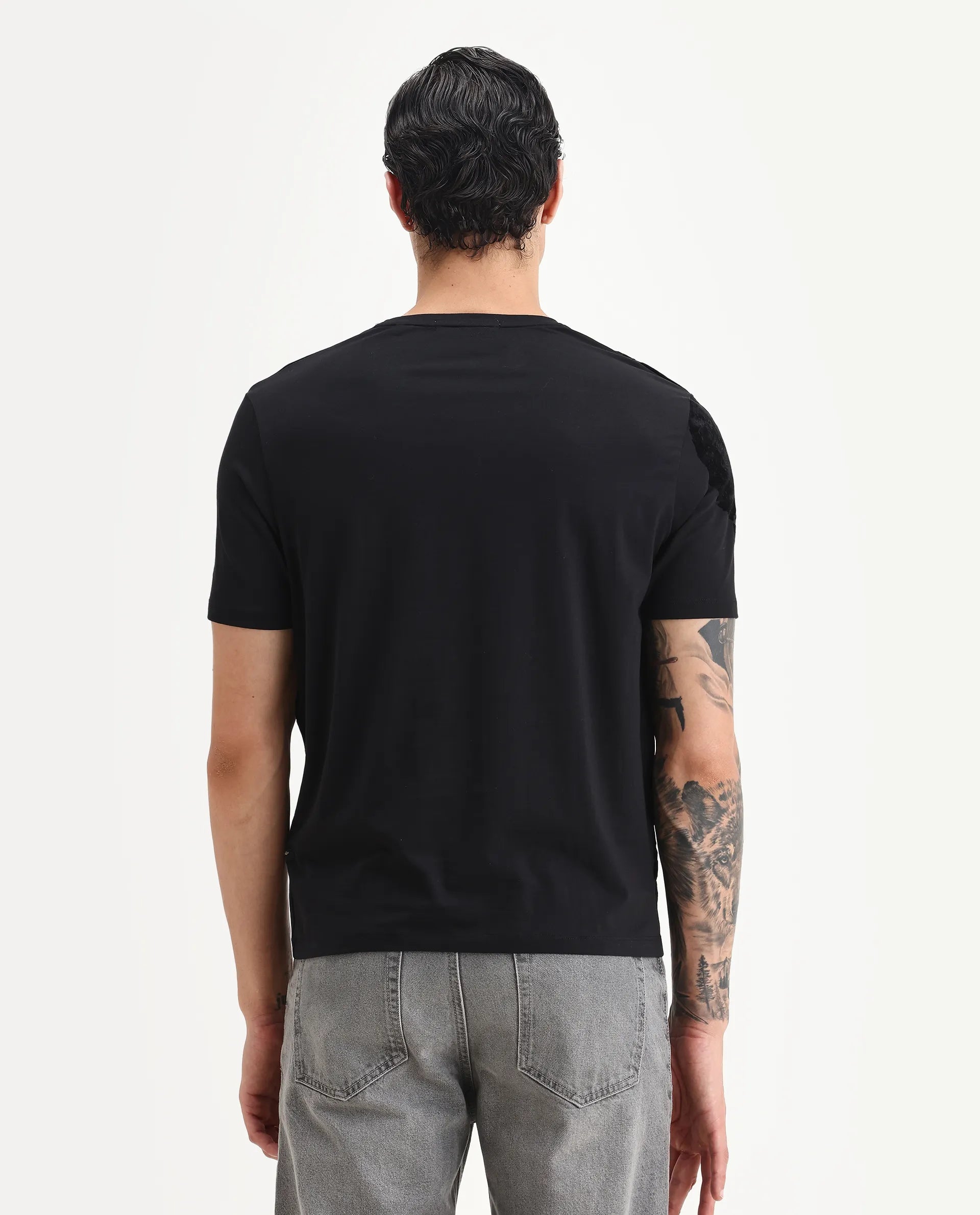 Rare Rabbit Men's Zuron Black Cotton Paisley Print Regular Fit Half Sleeve Crew Neck T-Shirt