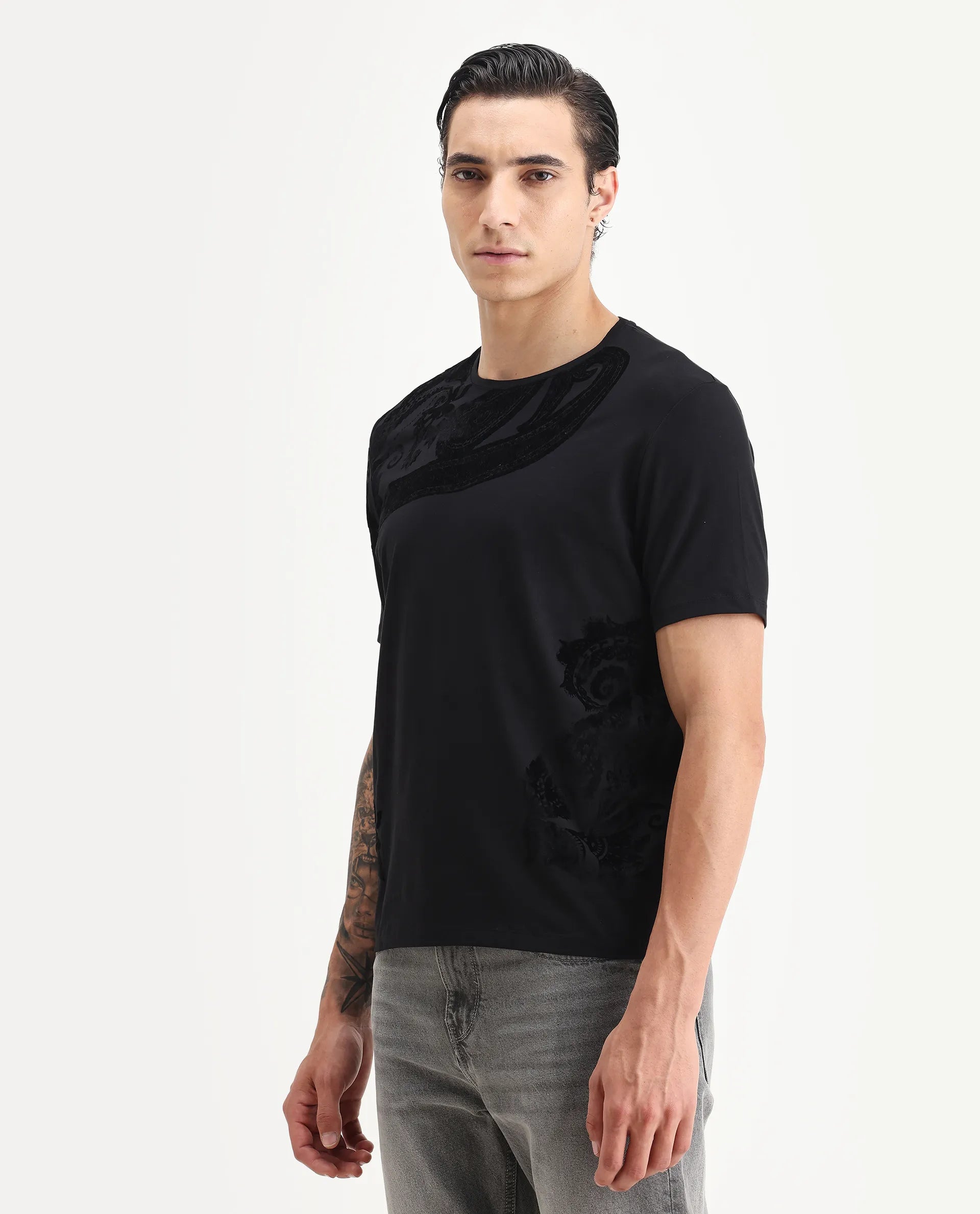 Rare Rabbit Men's Zuron Black Cotton Paisley Print Regular Fit Half Sleeve Crew Neck T-Shirt