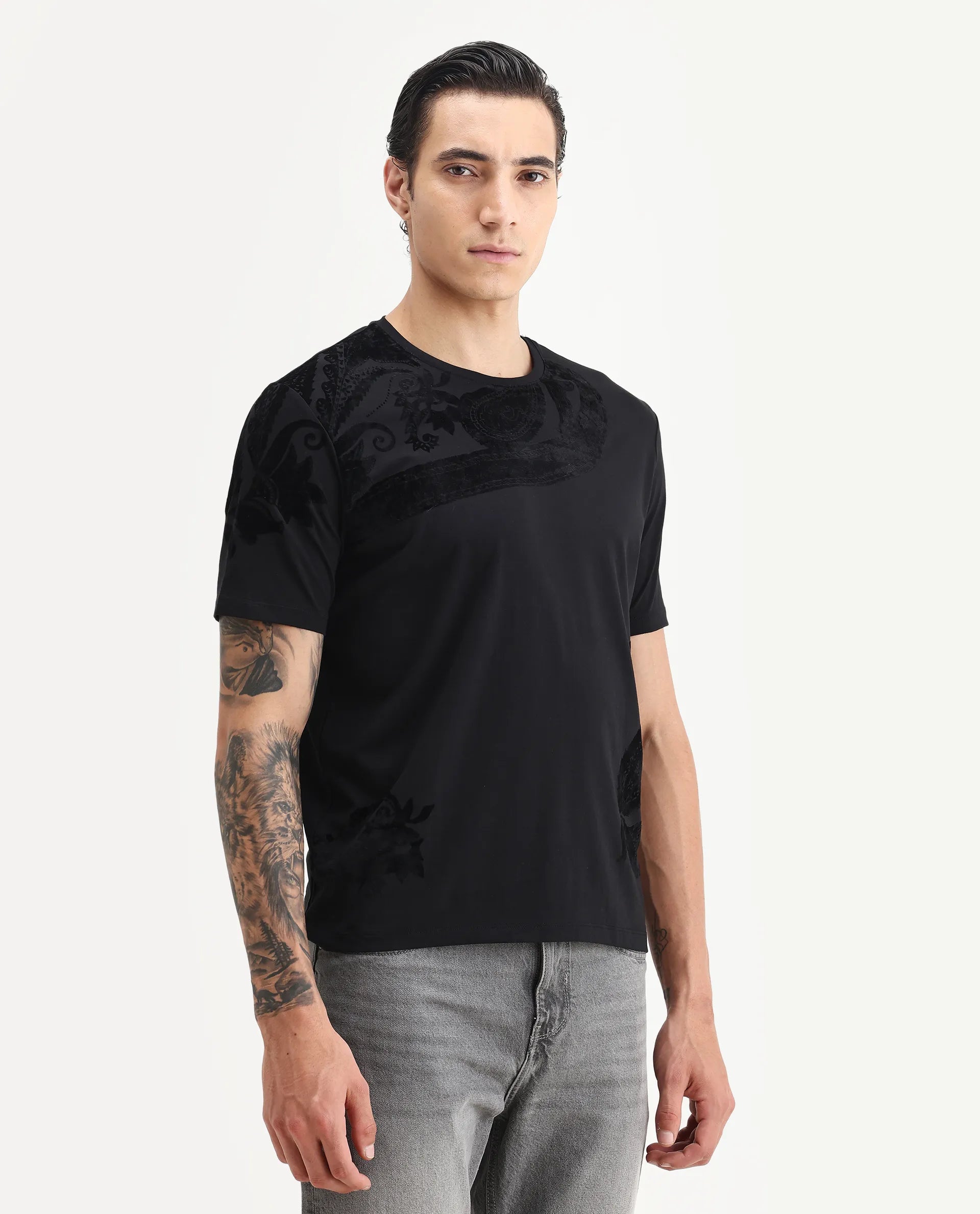 Rare Rabbit Men's Zuron Black Cotton Paisley Print Regular Fit Half Sleeve Crew Neck T-Shirt