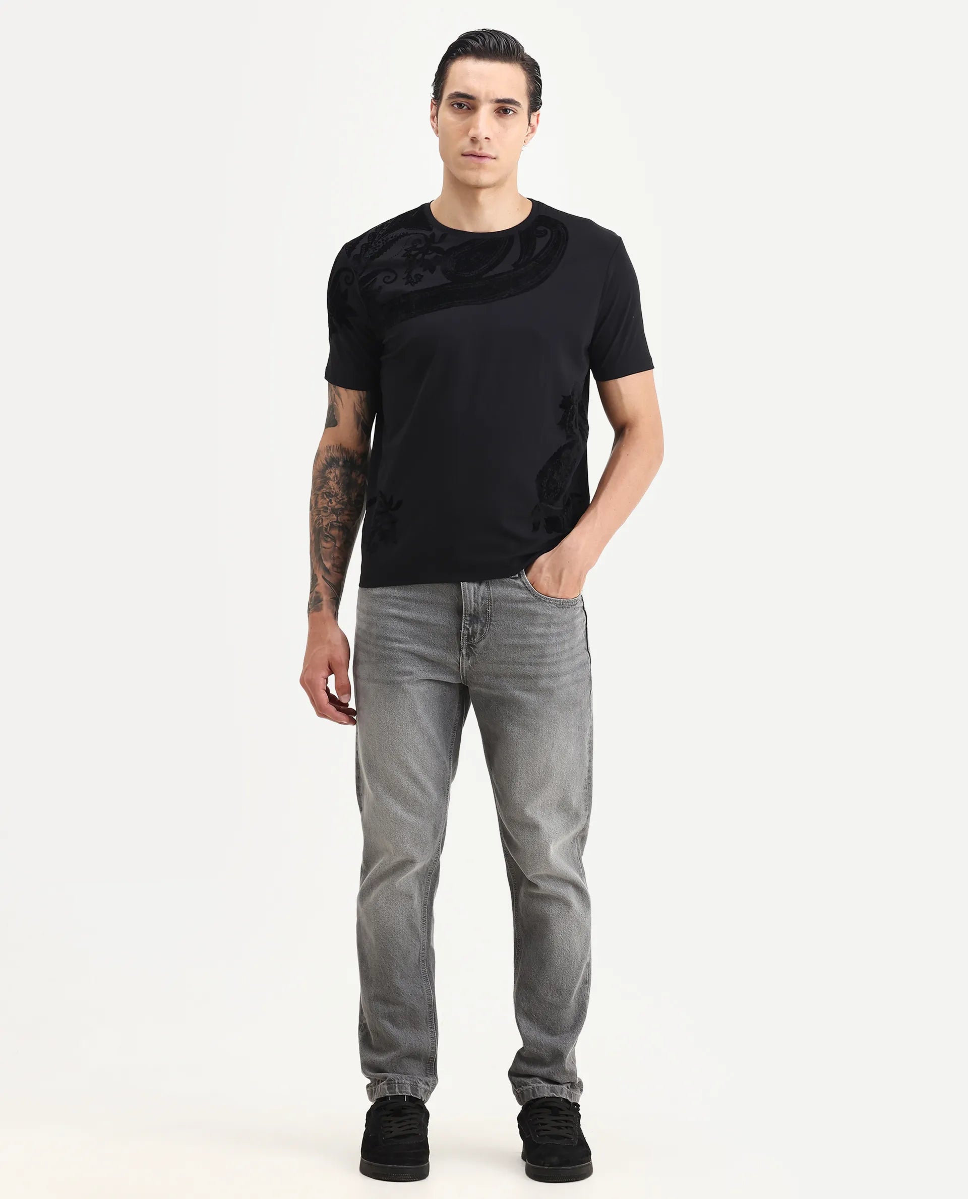 Rare Rabbit Men's Zuron Black Cotton Paisley Print Regular Fit Half Sleeve Crew Neck T-Shirt