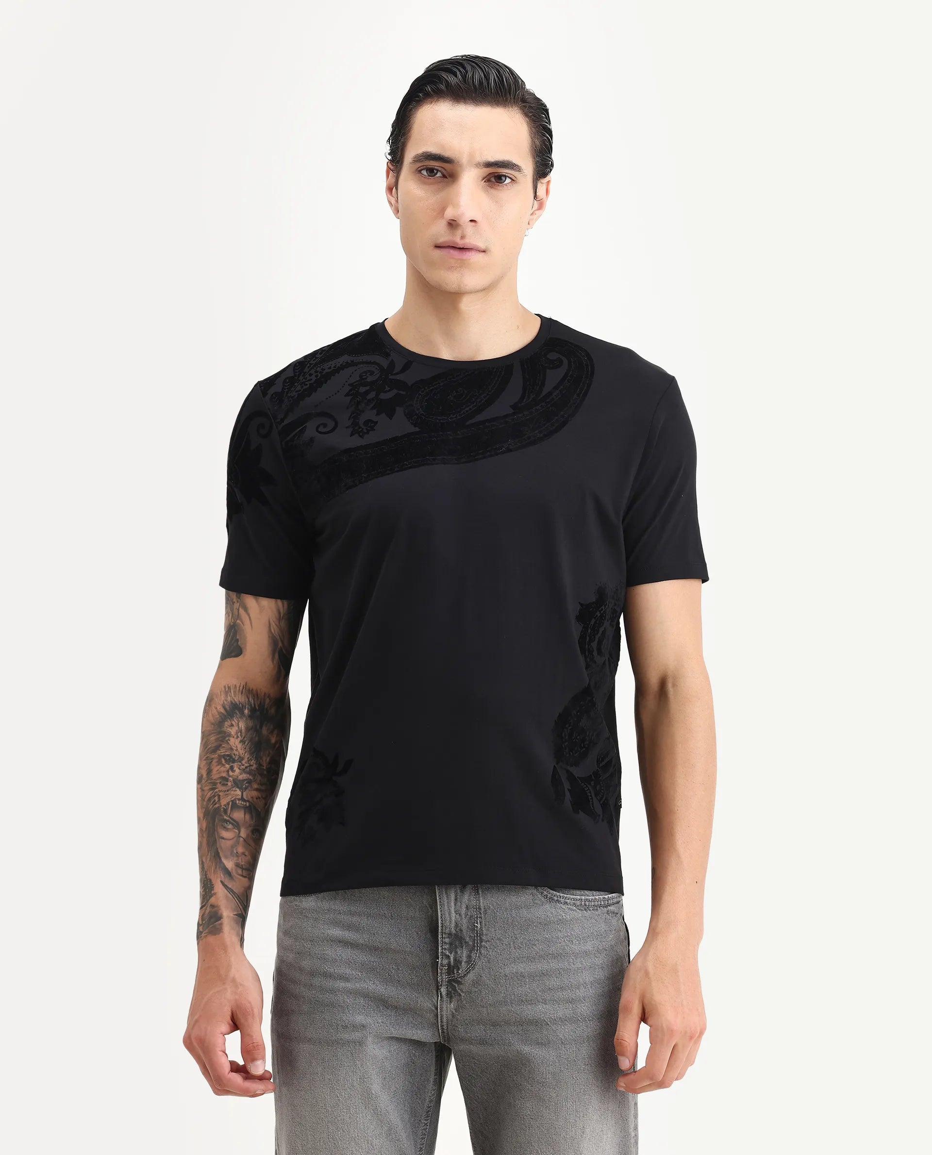 Rare Rabbit Men's Zuron Black Cotton Paisley Print Regular Fit Half Sleeve Crew Neck T-Shirt