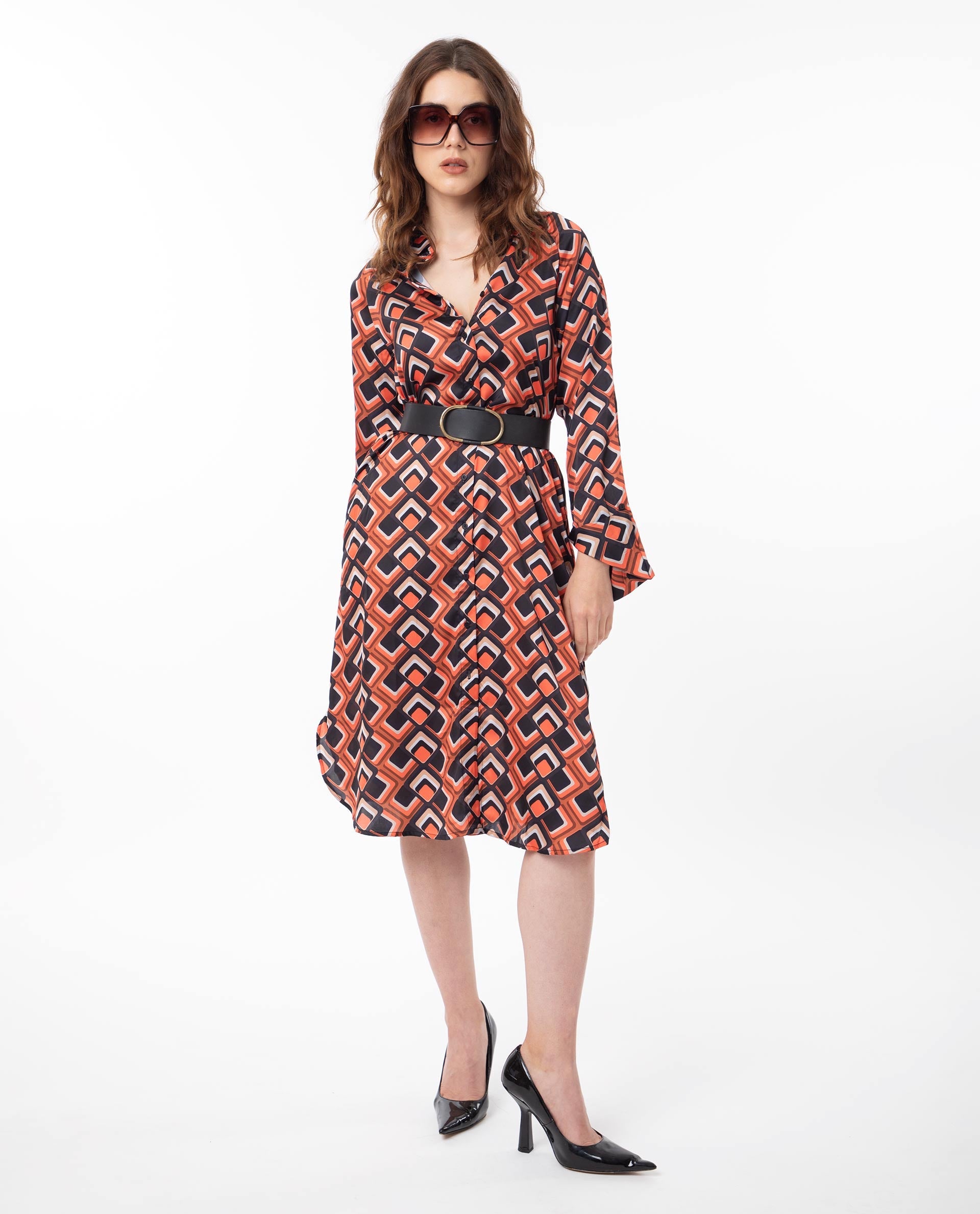 Rareism Women Zwerg Orange Polyester Fabric Full Sleeves Button Closure Shirt Collar Raglan Sleeve Regular Fit Geometric Print Knee Length A-Line Dress