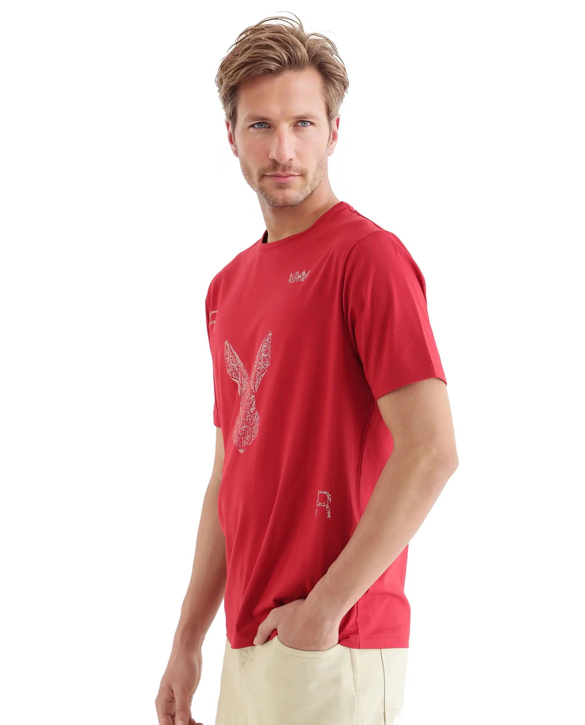 Rare Rabbit Men Zylo Red Cotton Blend Fabric Short Sleeve Crew Neck HD Print Logo T-Shirt