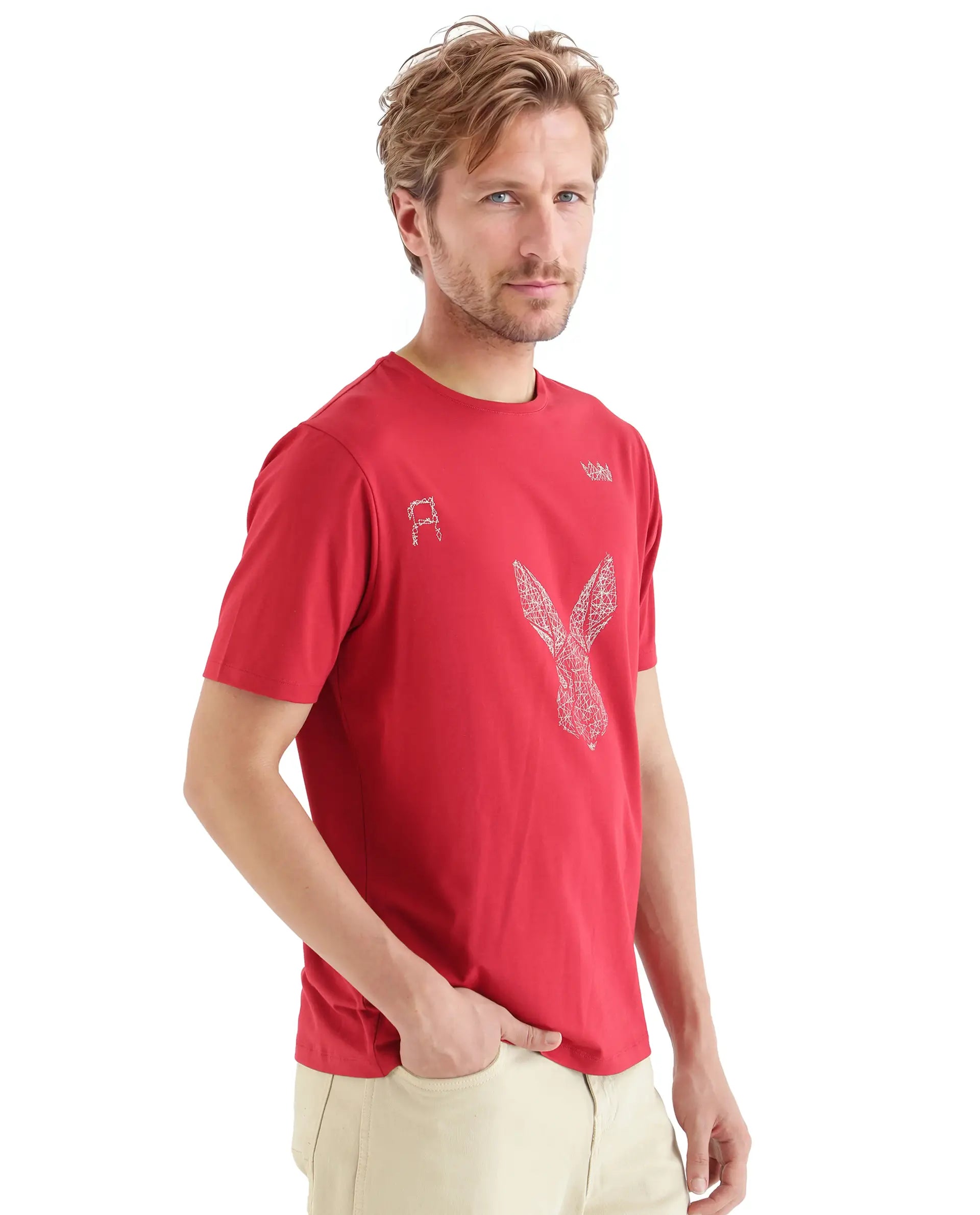 Rare Rabbit Men Zylo Red Cotton Blend Fabric Short Sleeve Crew Neck HD Print Logo T-Shirt