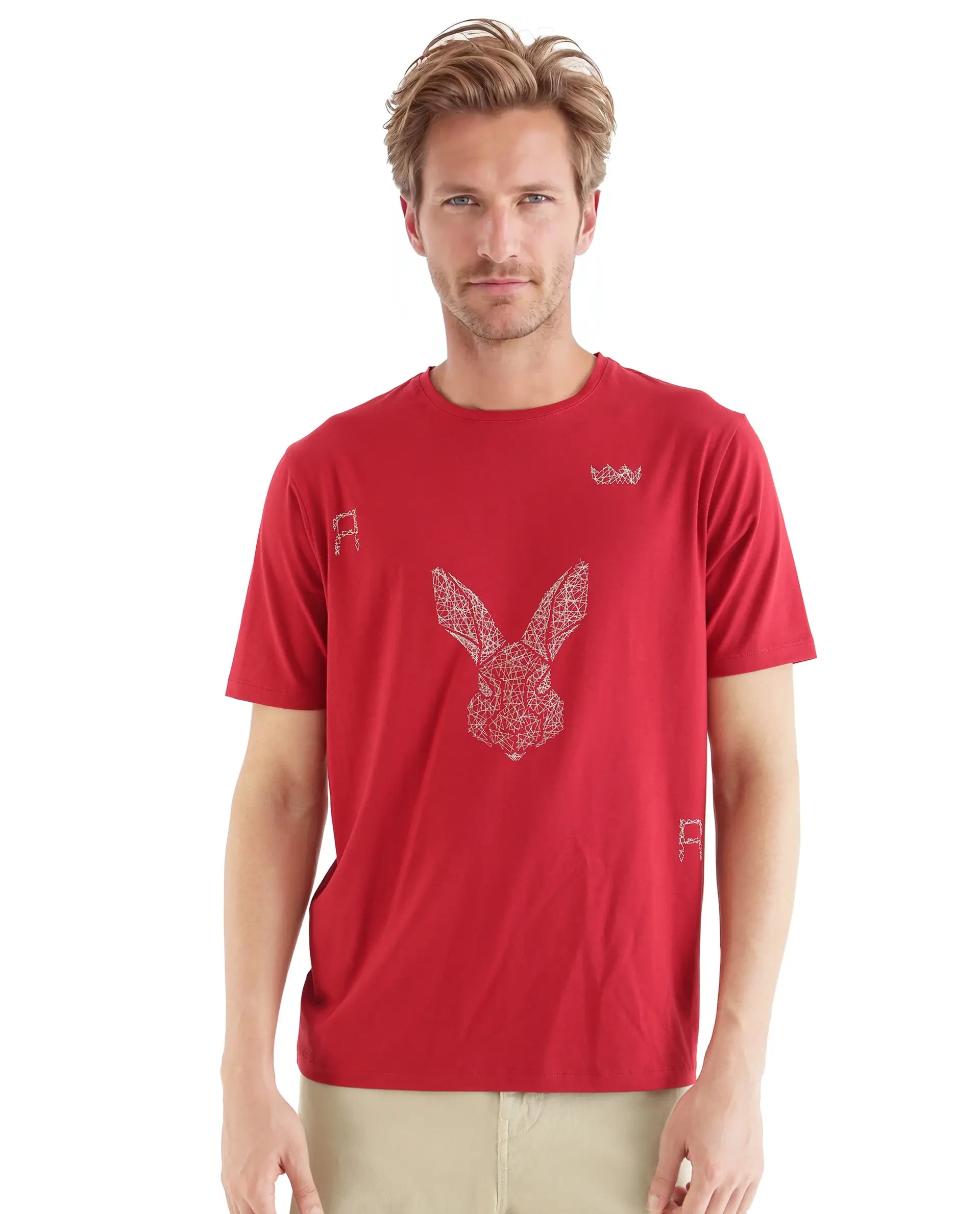 Rare Rabbit Men Zylo Red Cotton Blend Fabric Short Sleeve Crew Neck HD Print Logo T-Shirt