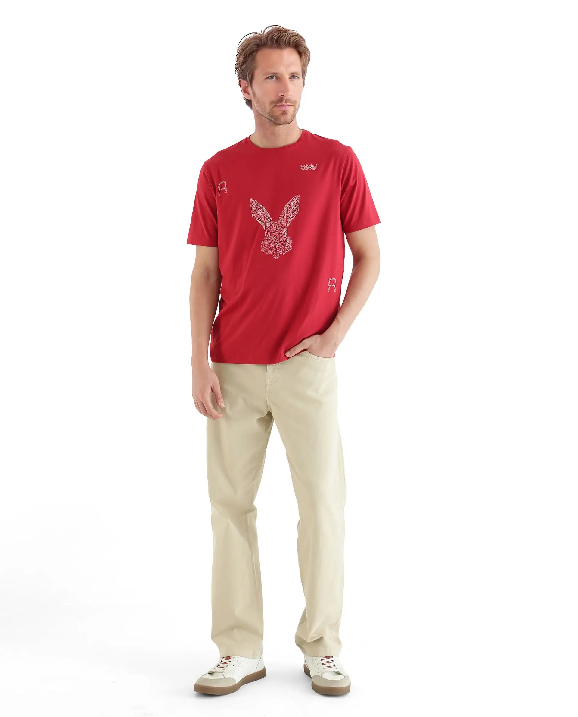 Rare Rabbit Men Zylo Red Cotton Blend Fabric Short Sleeve Crew Neck HD Print Logo T-Shirt