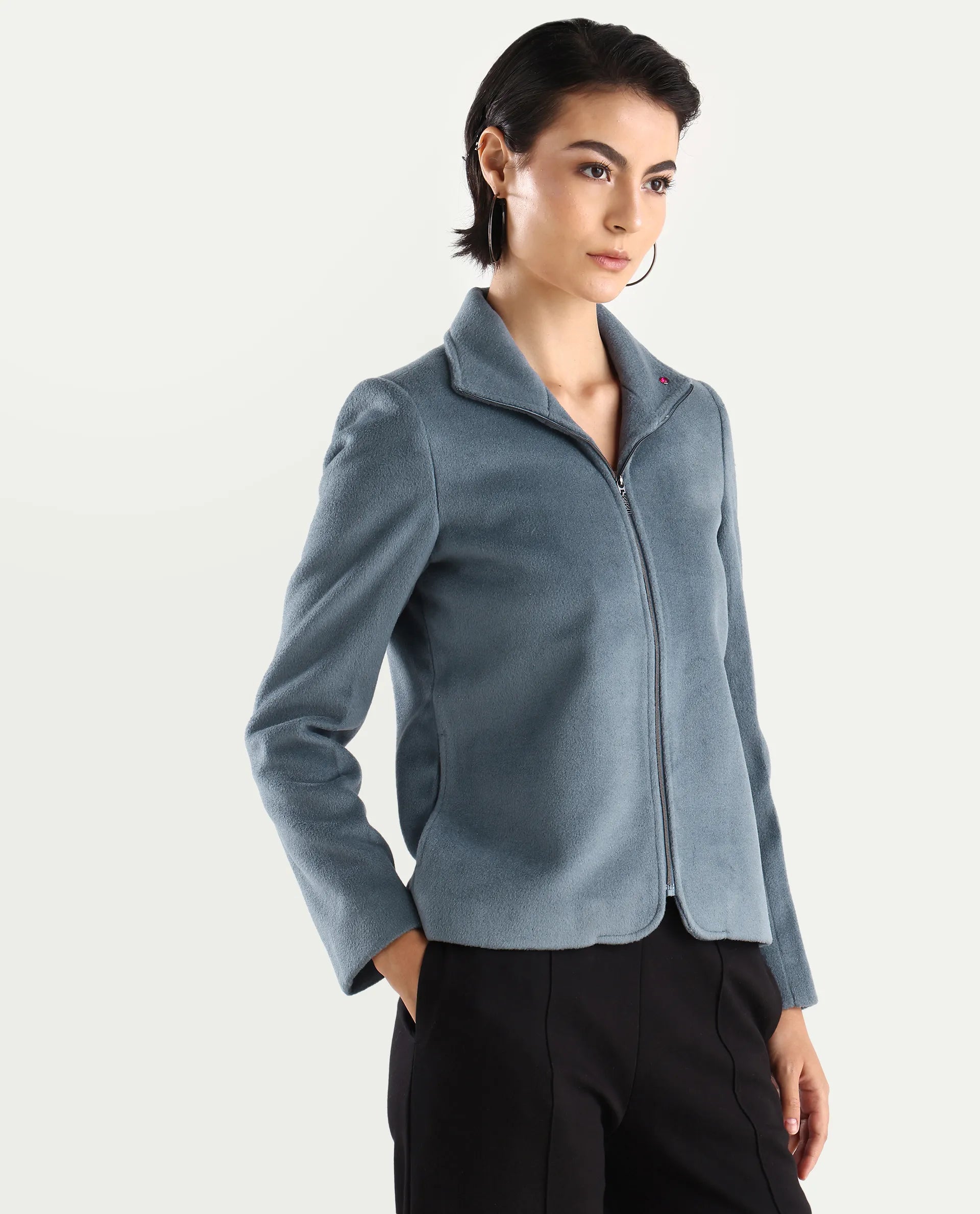 Rareism Women's Zympi Dusky Blue Stand Collar Plain Cuffed Sleeve Boxy Fit Jacket