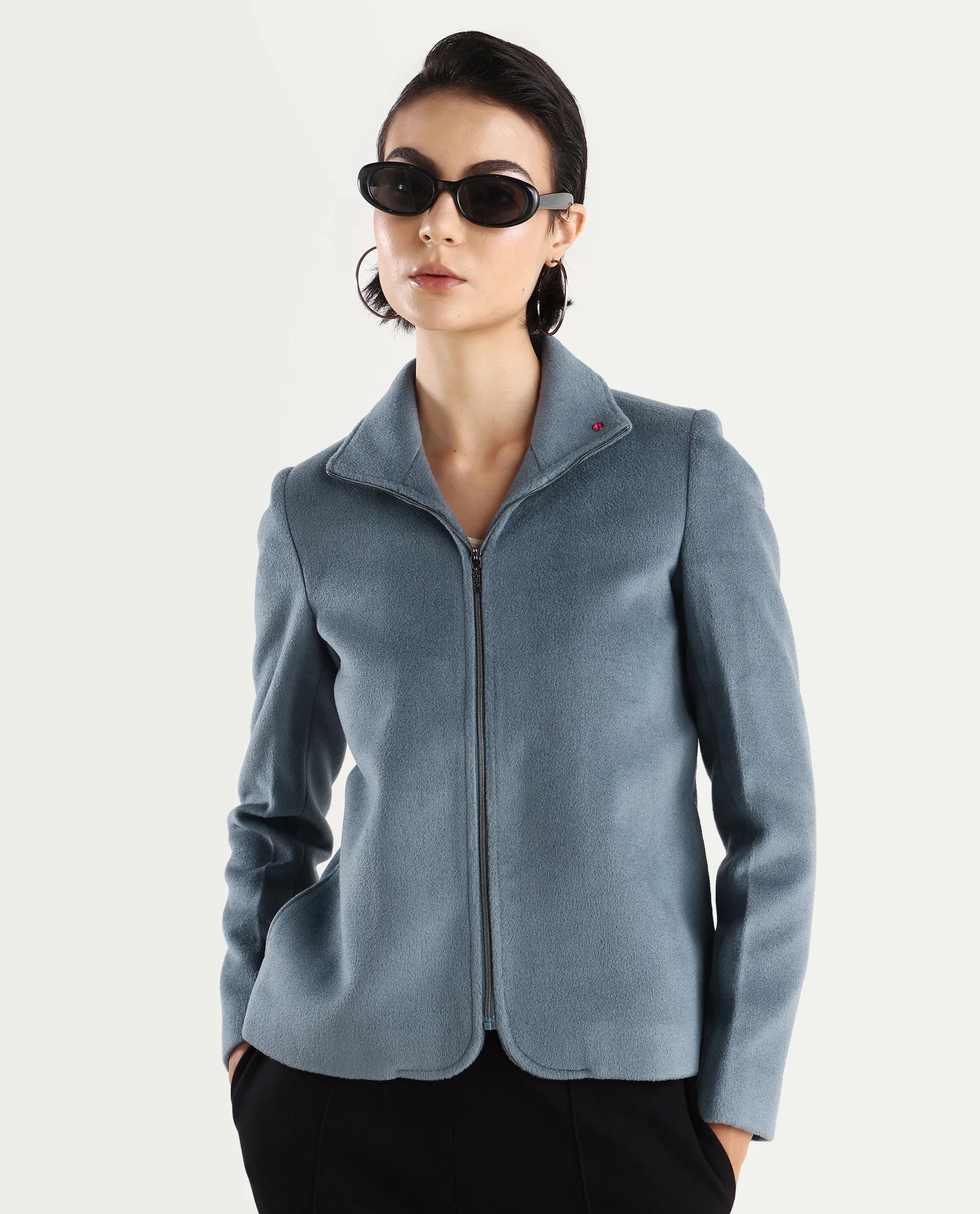 Rareism Women's Zympi Dusky Blue Stand Collar Plain Cuffed Sleeve Boxy Fit Jacket