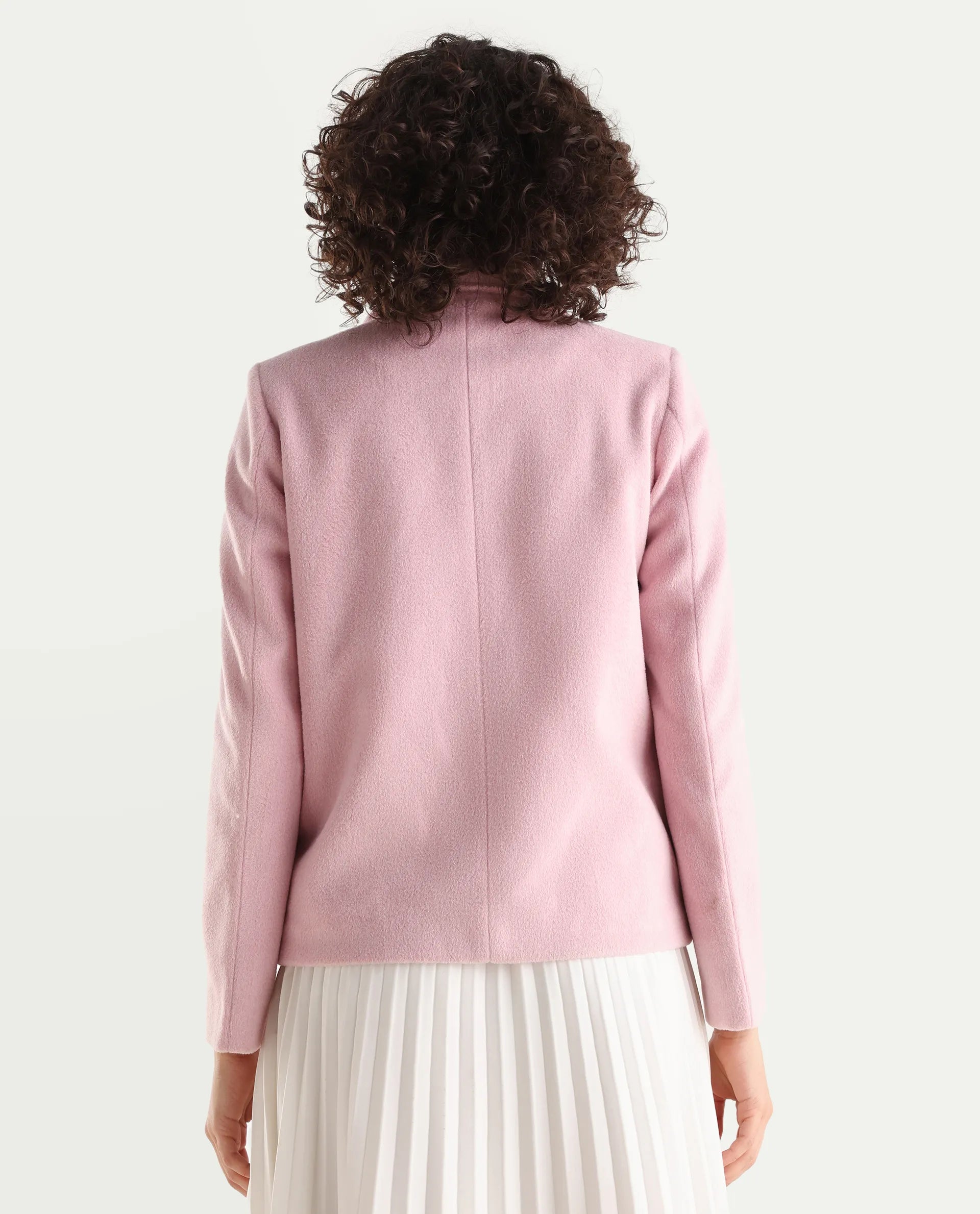 Rareism Women's Zympi Light Pink Stand Collar Plain Cuffed Sleeve Boxy Fit Jacket