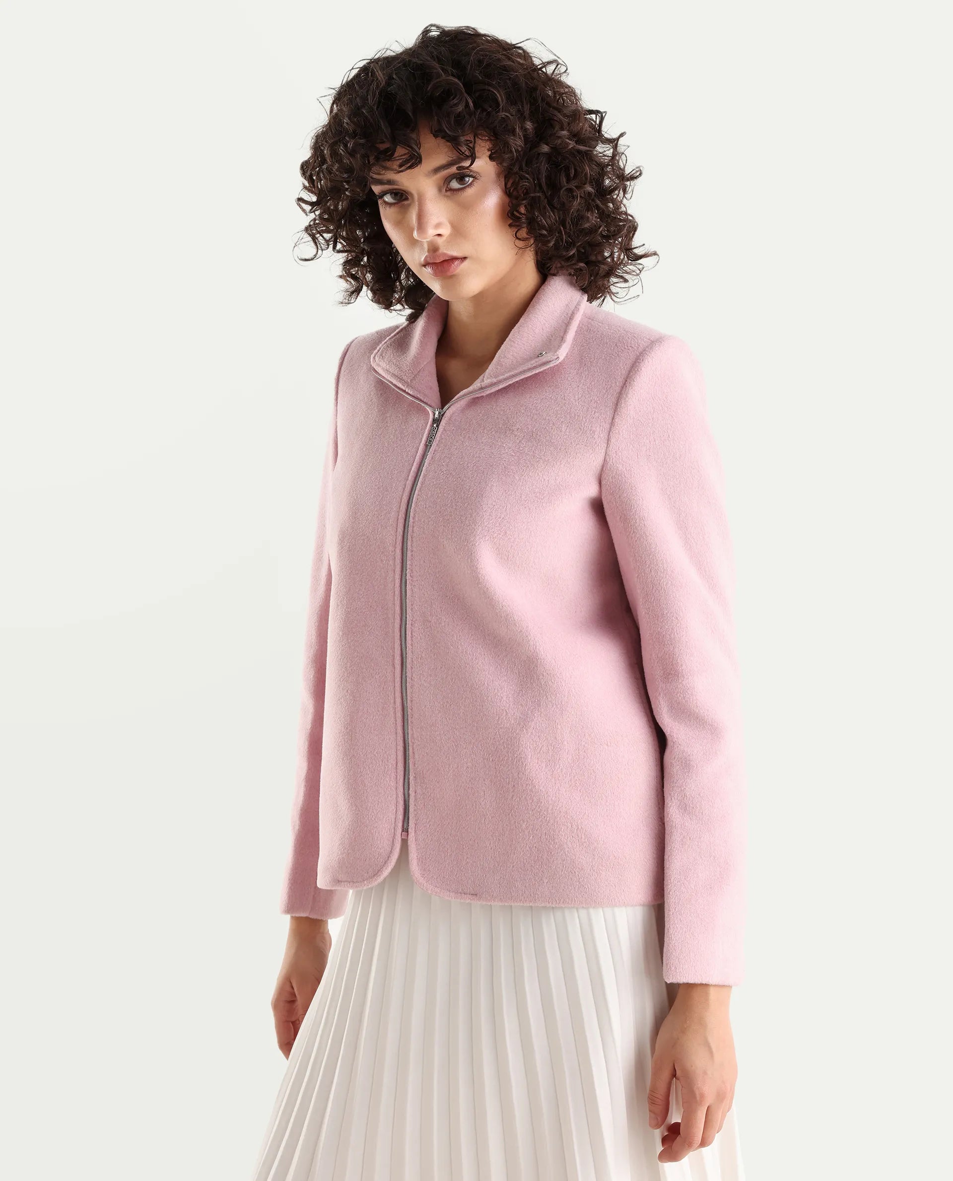 Rareism Women's Zympi Light Pink Stand Collar Plain Cuffed Sleeve Boxy Fit Jacket