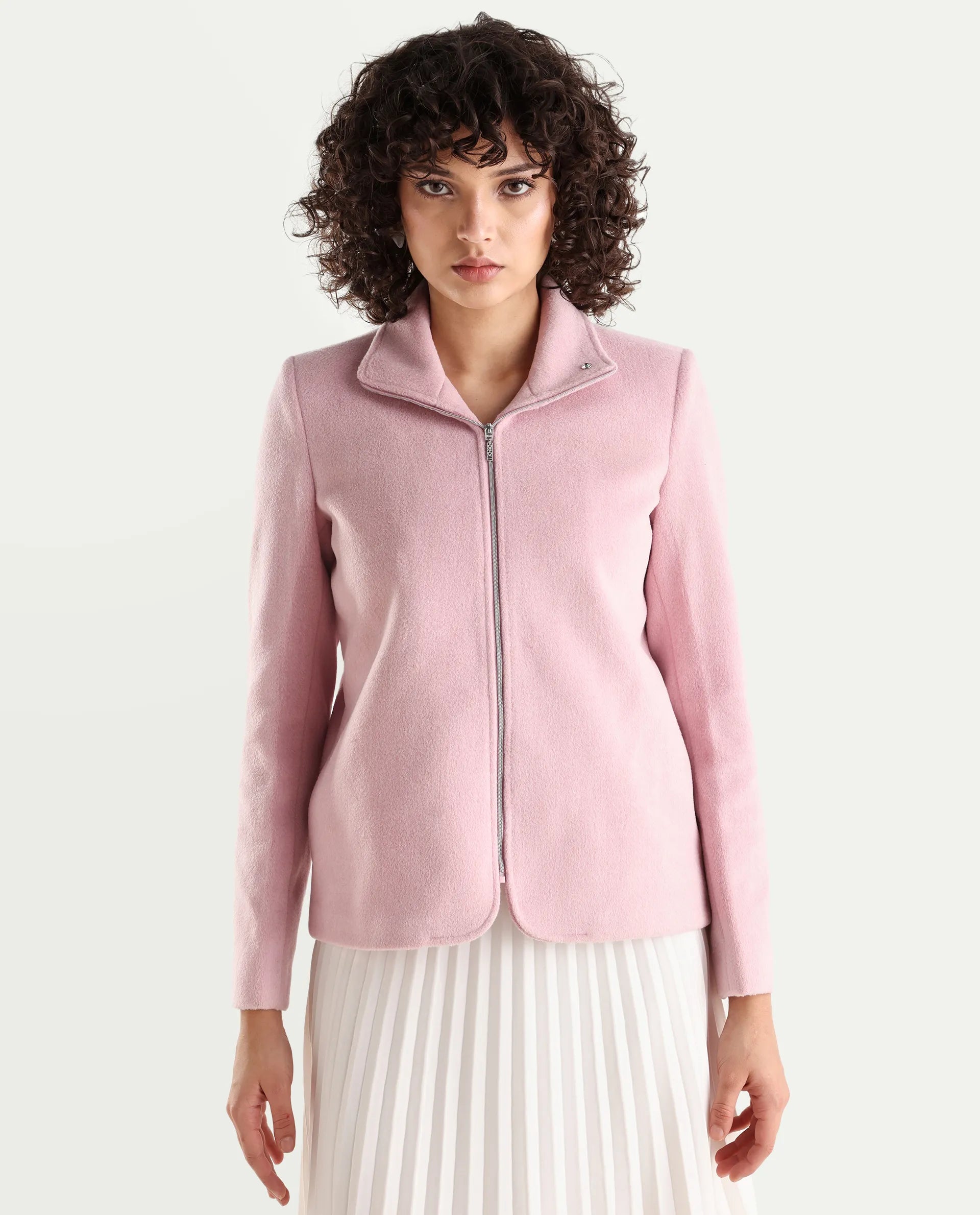 Rareism Women's Zympi Light Pink Stand Collar Plain Cuffed Sleeve Boxy