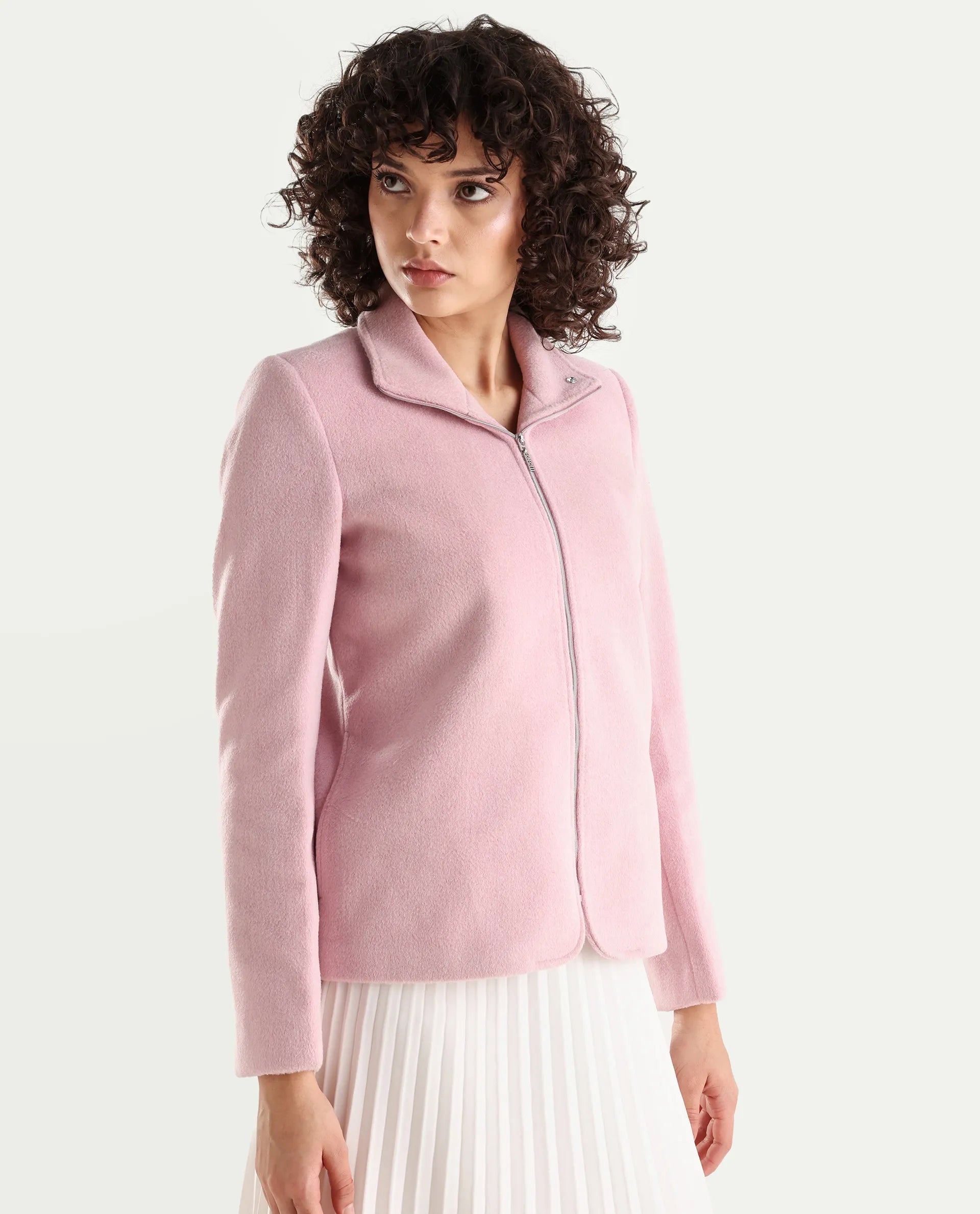 Rareism Women's Zympi Light Pink Stand Collar Plain Cuffed Sleeve Boxy Fit Jacket