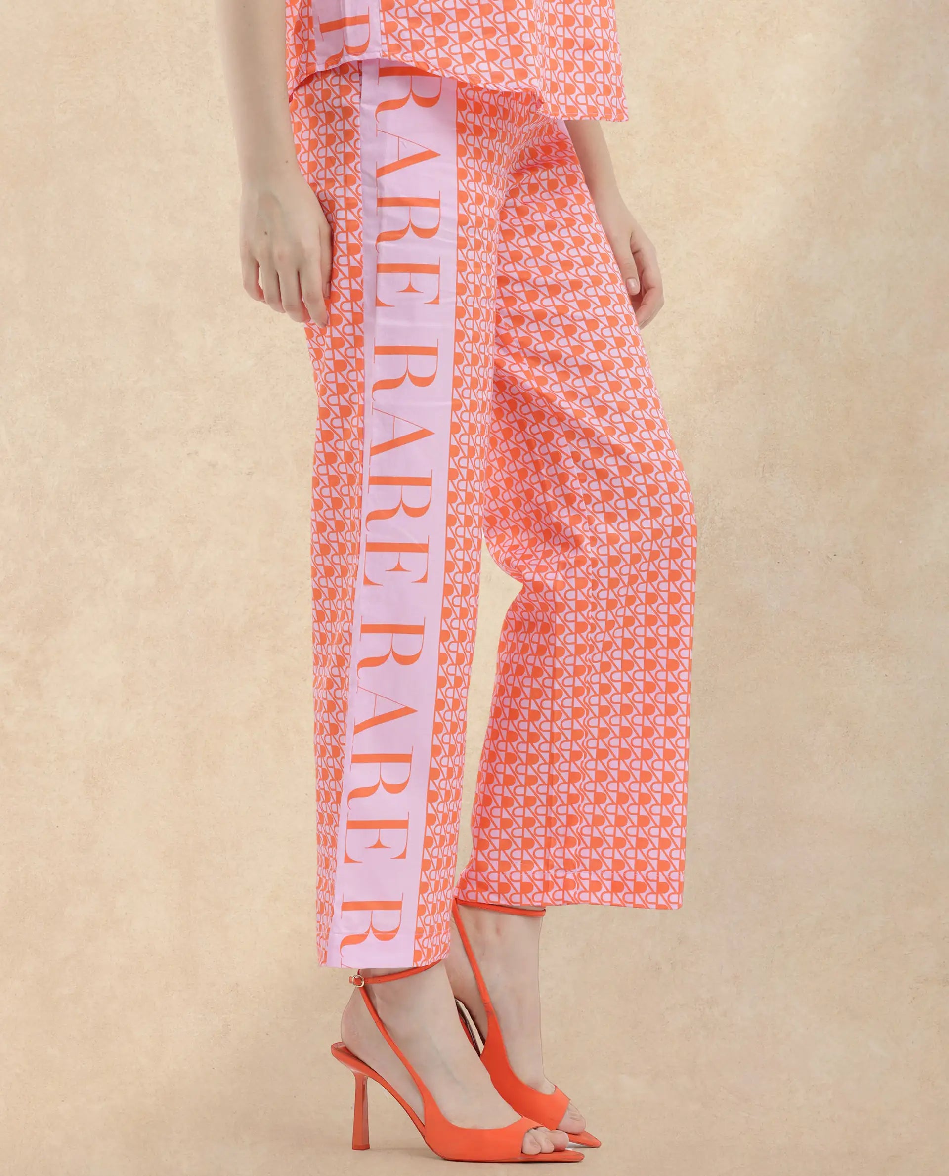 Rareism Women Zyon-B Pink Cotton Fabric Straight Fit Monogram Ankle Length Trousers